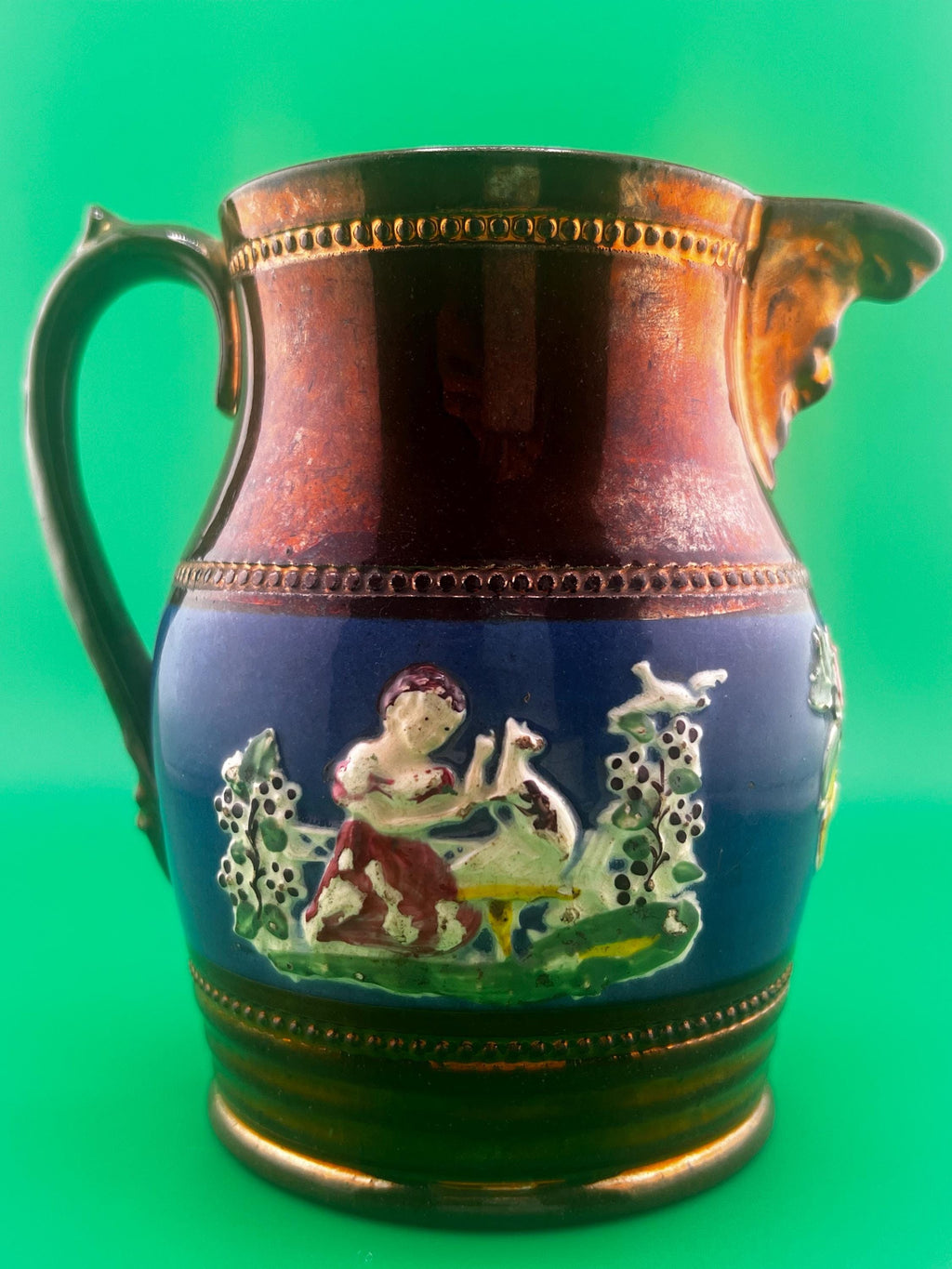 Antique Victorian Copper Luster Jug Pitcher | Staffordshire Relief Figural Creamer | Cobalt Blue Band | 19th Century English Lustreware