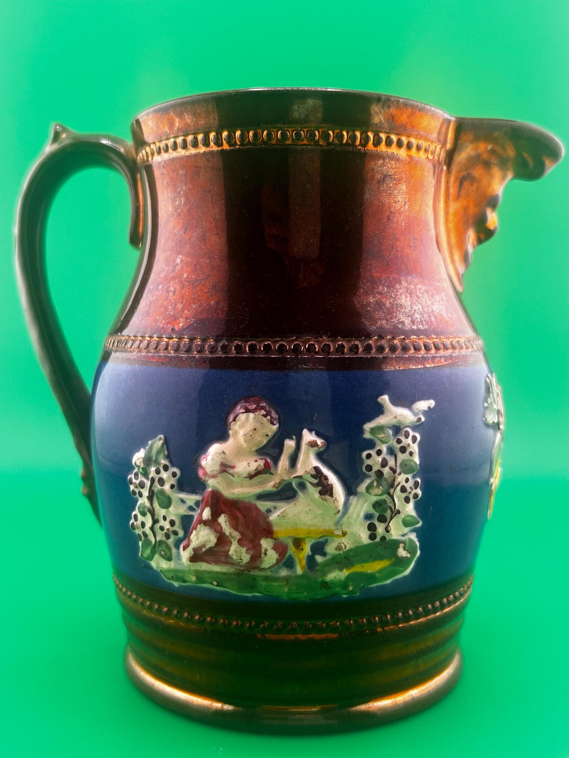 Antique Victorian Copper Luster Jug Pitcher | Staffordshire Relief Figural Creamer | Cobalt Blue Band | 19th Century English Lustreware