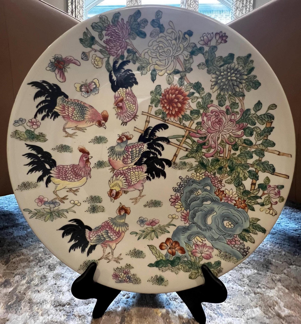 Large Chinoiserie Rooster Statement Plate 18” Hand Painted Chinese Porcelain Chrysanthemum Garden Wall Decor Vintage Asian Decorativ
