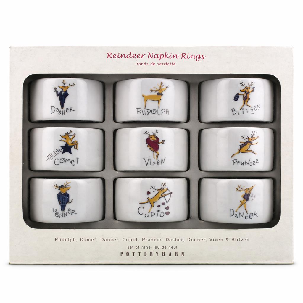 Pottery Barn Reindeer Napkin Rings Set 9 Christmas Holiday Table Decor Rudolph Dasher Dancer Comet Prancer Vixen Donner Blitzen Sealed   Box