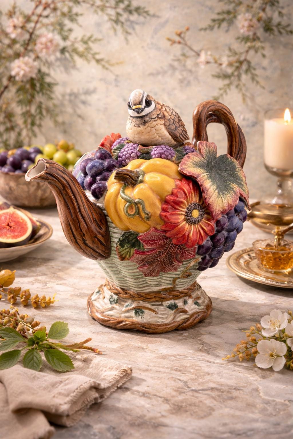 Fitz and Floyd Cornucopia Teapot – Vintage Harvest Fruit Ceramic Bird Lid