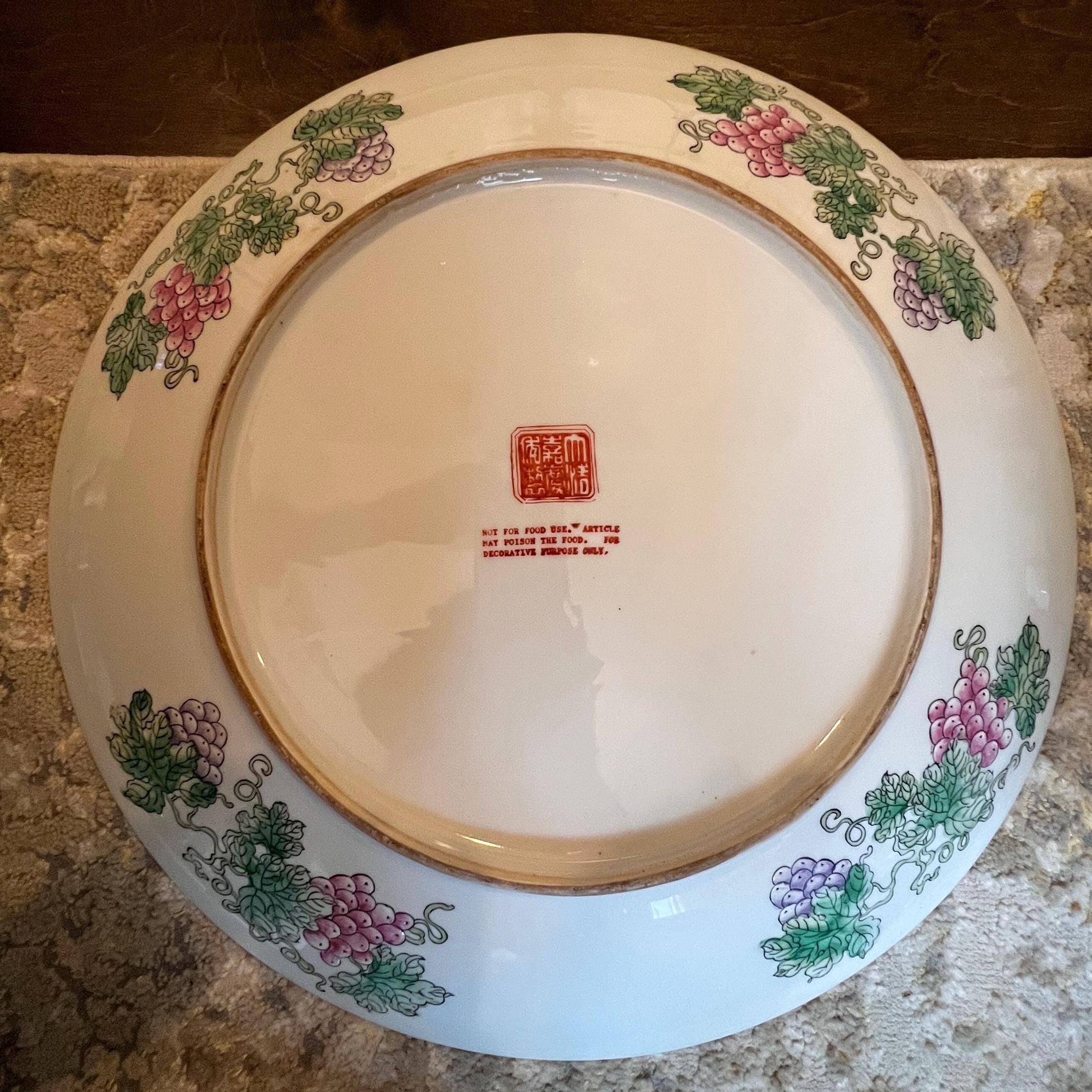 Large Chinoiserie Rooster Statement Plate 18” Hand Painted Chinese Porcelain Chrysanthemum Garden Wall Decor Vintage Asian Decorativ