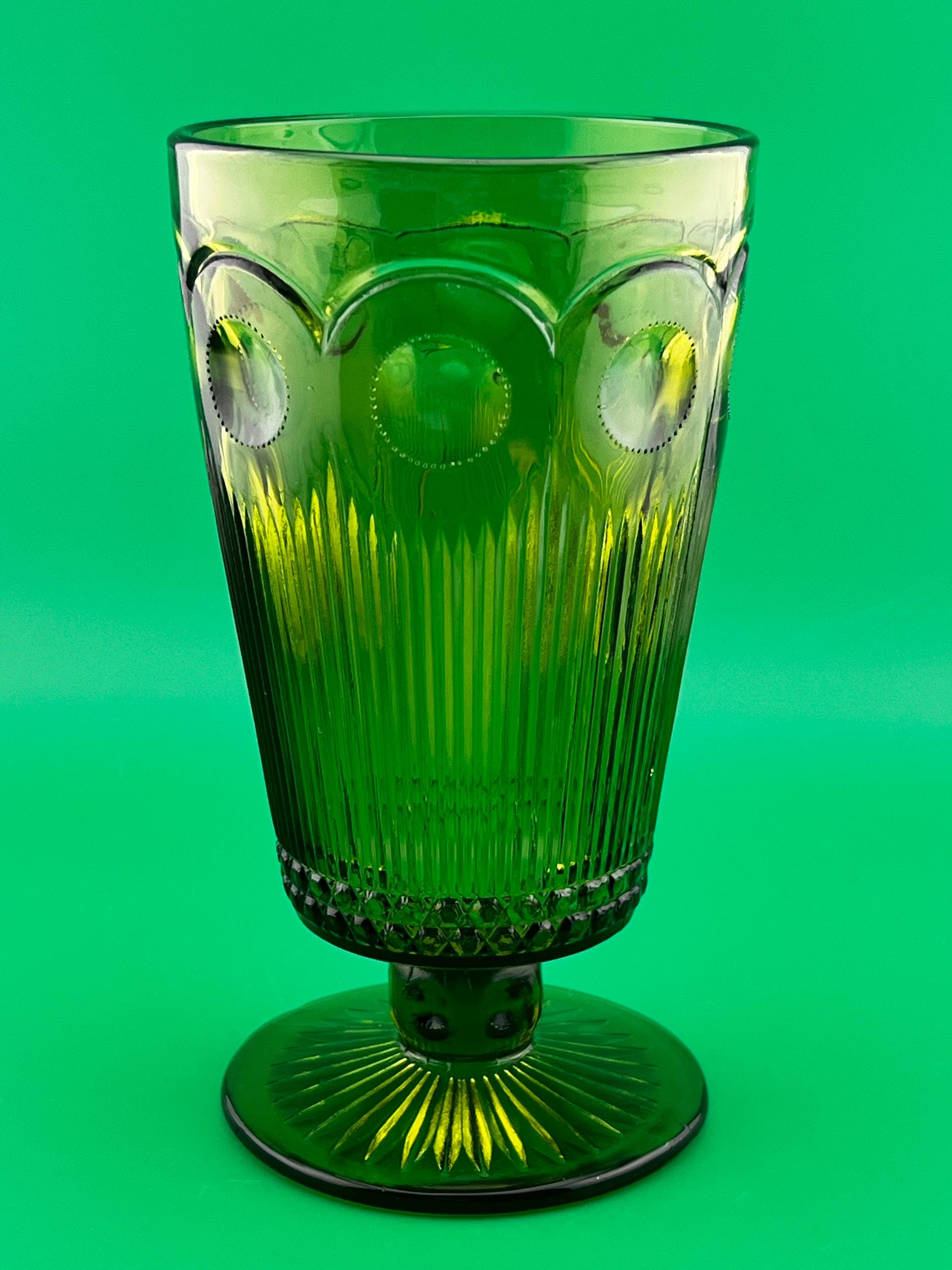 Vintage Emerald Green Pedestal Vase Coin Dot Glass Compote Mid Century Indiana Glass Style 6”