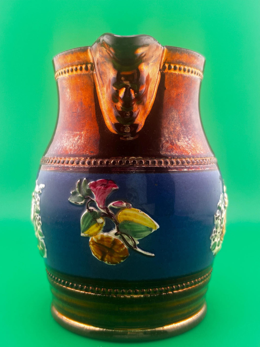 Antique Victorian Copper Luster Jug Pitcher | Staffordshire Relief Figural Creamer | Cobalt Blue Band | 19th Century English Lustreware