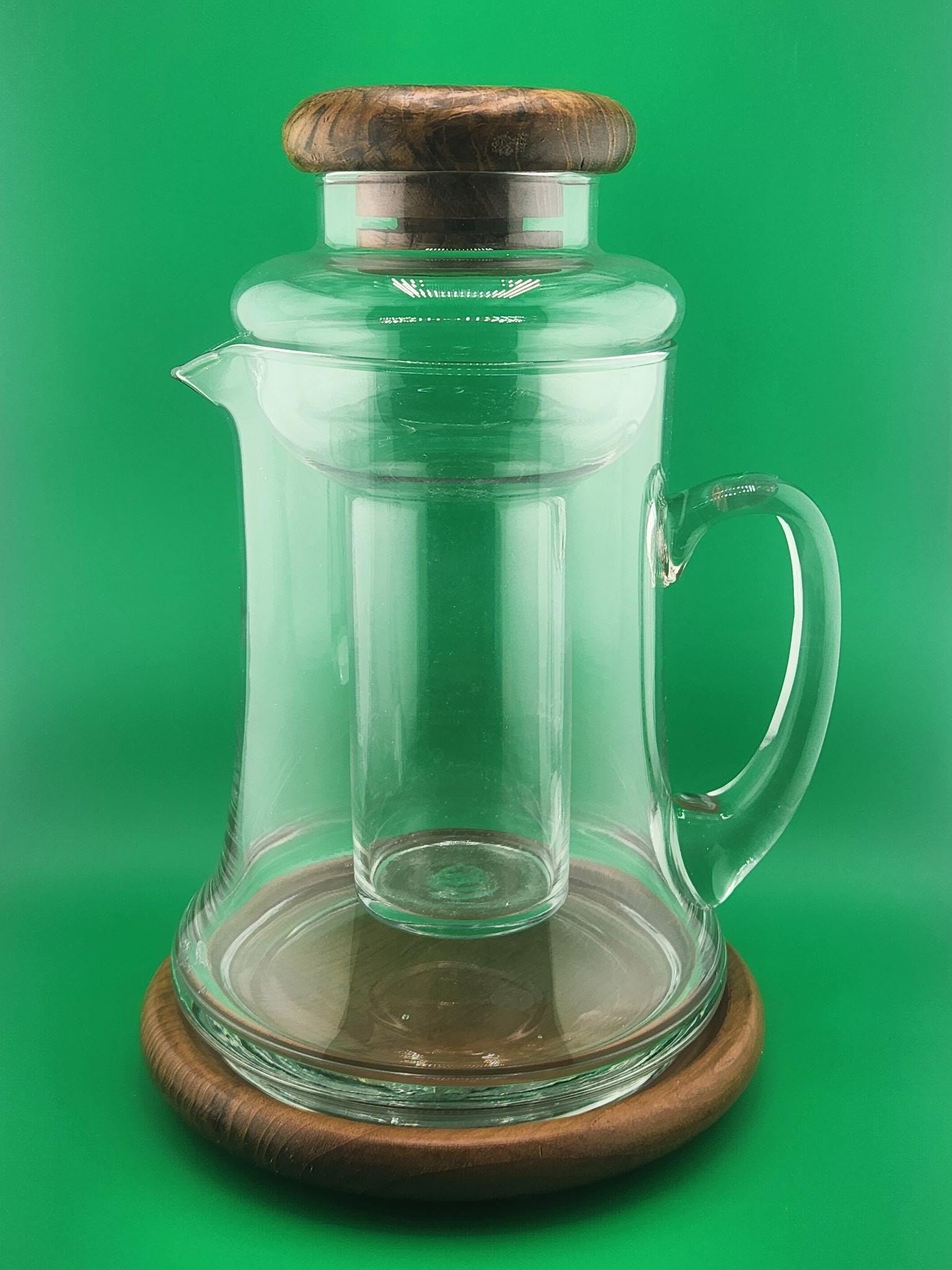 Vintage Mid Century Modern Glass Carafe with Teak Base Baker Hart and Stuart Barware