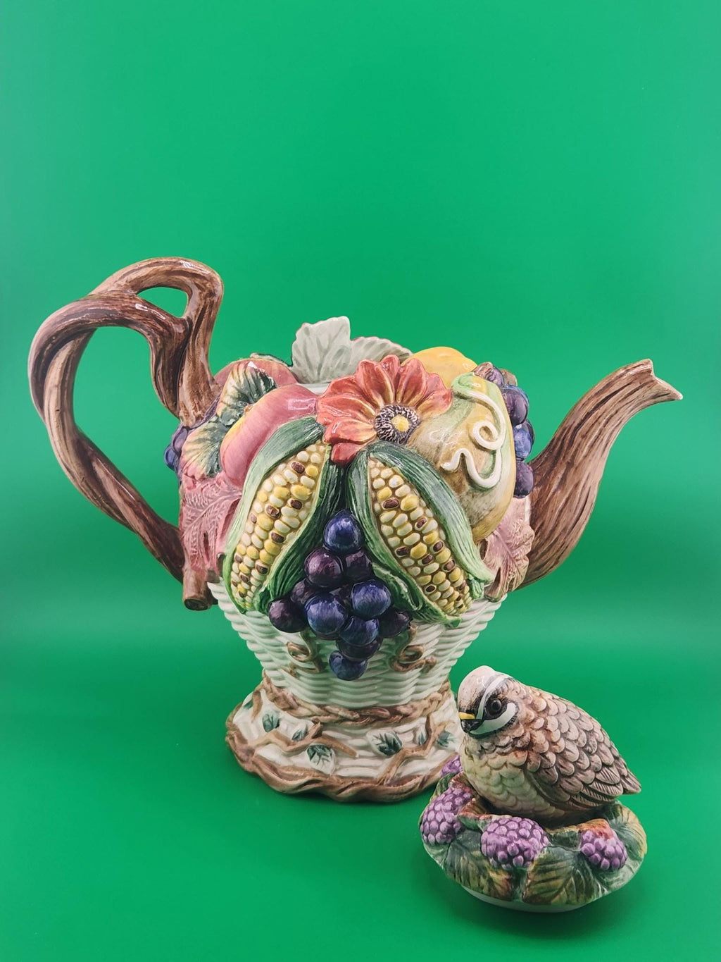 Fitz and Floyd Cornucopia Teapot – Vintage Harvest Fruit Ceramic Bird Lid