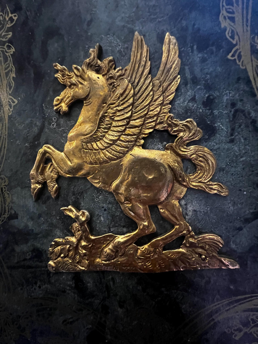 Large Vintage Palladio Florentine Scagliola & Brass Pegasus Wall Plaques Pair Italian Gold Gilt Baroque Mythological Panels 18.5”