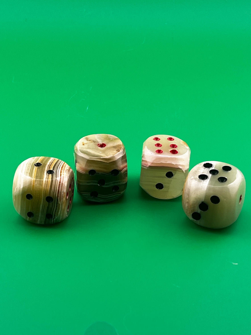 Vintage Banded Onyx Stone Dice Set – Hand Carved 1” Dice – Natural Stone Gaming Dice – Mid Century Game Decor – Set of 4