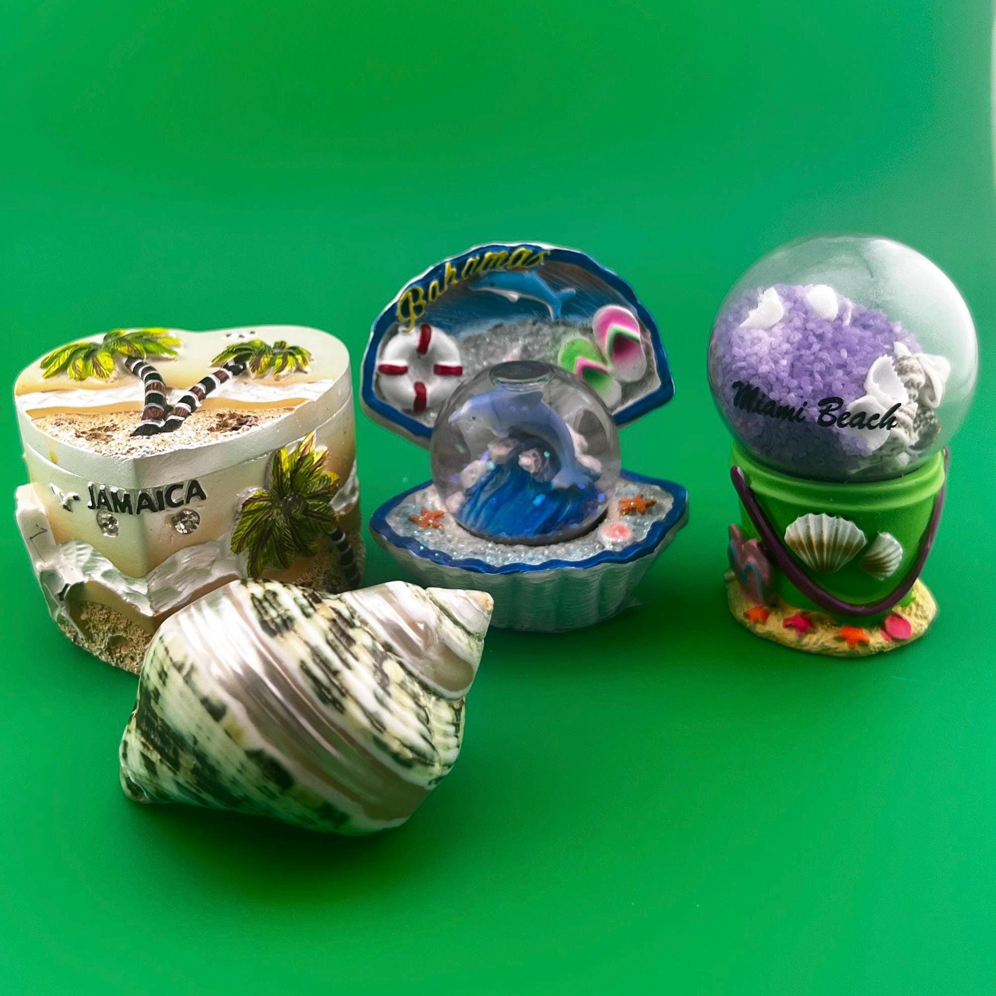 Vintage Beach Souvenir Lot | Bahamas & Jamaica Snow Globes | Miami Beach Bucket Globe | Decorative Sea Shell Coastal Decor