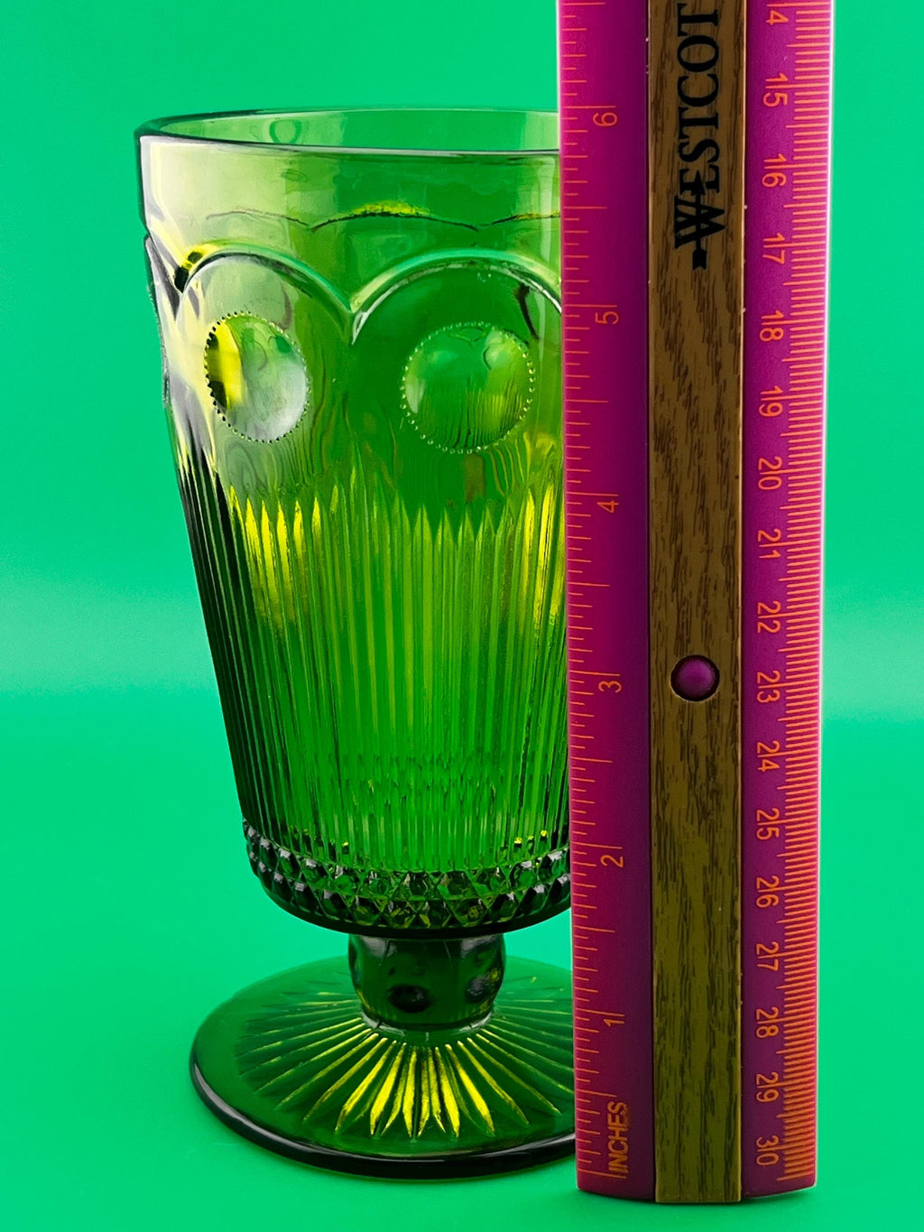 Vintage Emerald Green Pedestal Vase Coin Dot Glass Compote Mid Century Indiana Glass Style 6”