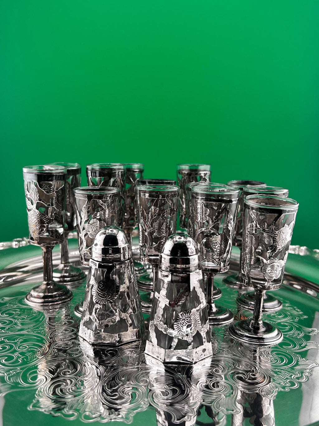 15 Pc Sterling Silver Cordial Glass Set 13 Cordials 925 + Salt Pepper Overlay Floral Cutwork Vintage Mid Century Barware shot glasses