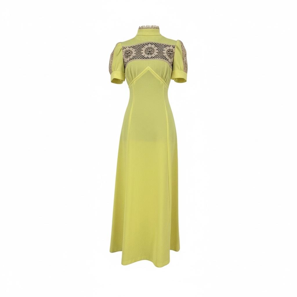 Vintage 1970s Yellow Prairie Maxi Dress | Cottagecore Lace Yoke Dress | Boho Romantic Maxi Dress | 70s Cottagecore Dress Size S