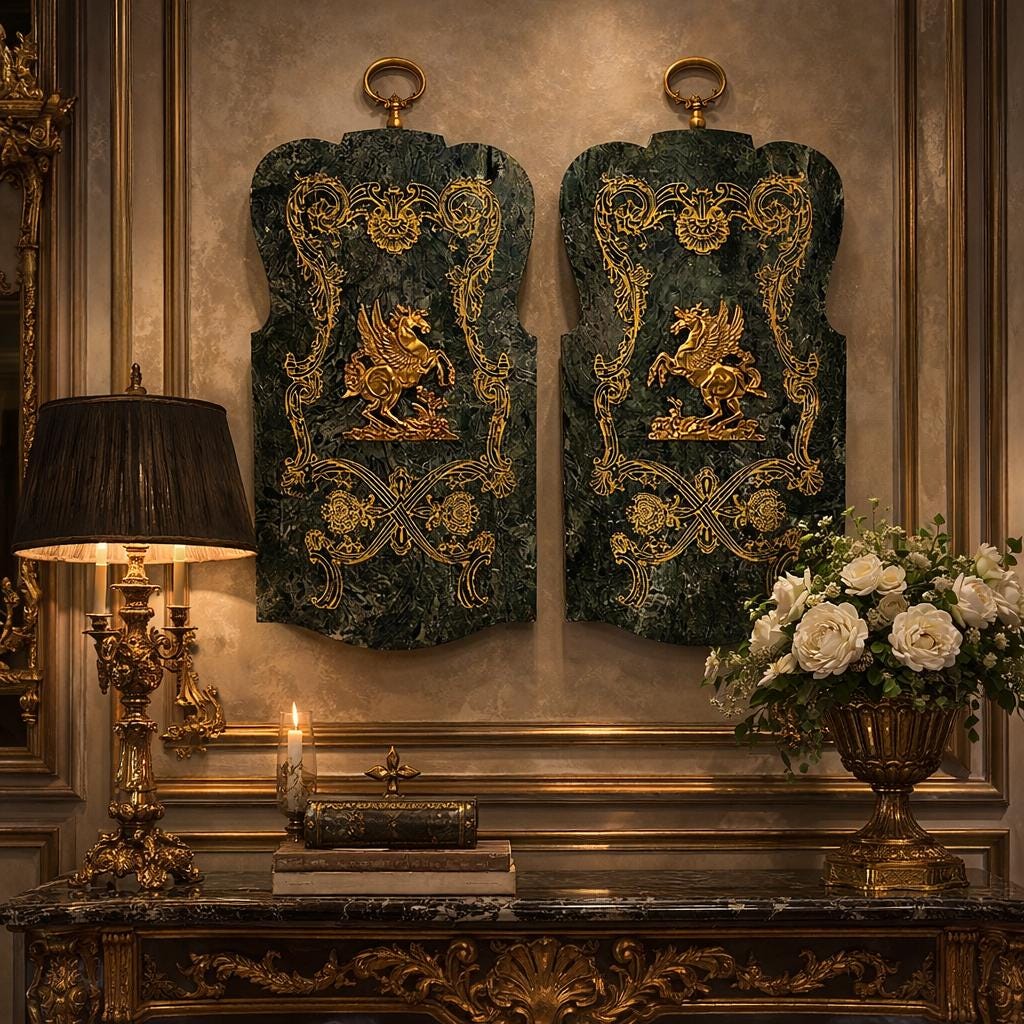 Large Vintage Palladio Florentine Scagliola & Brass Pegasus Wall Plaques Pair Italian Gold Gilt Baroque Mythological Panels 18.5”