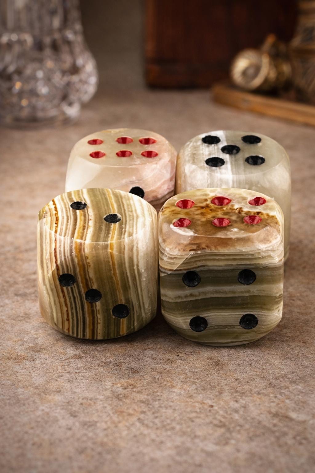 Vintage Banded Onyx Stone Dice Set – Hand Carved 1” Dice – Natural Stone Gaming Dice – Mid Century Game Decor – Set of 4