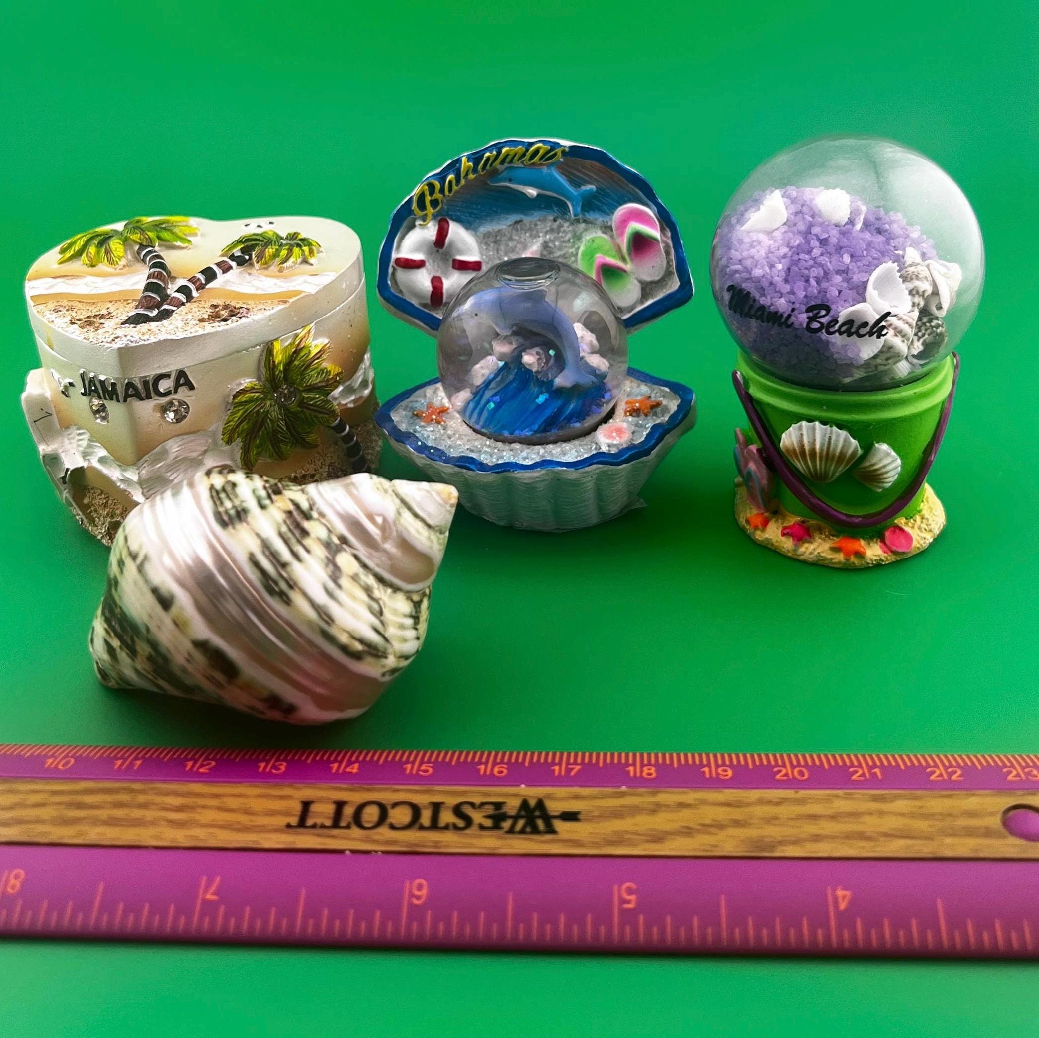 Vintage Beach Souvenir Lot | Bahamas & Jamaica Snow Globes | Miami Beach Bucket Globe | Decorative Sea Shell Coastal Decor