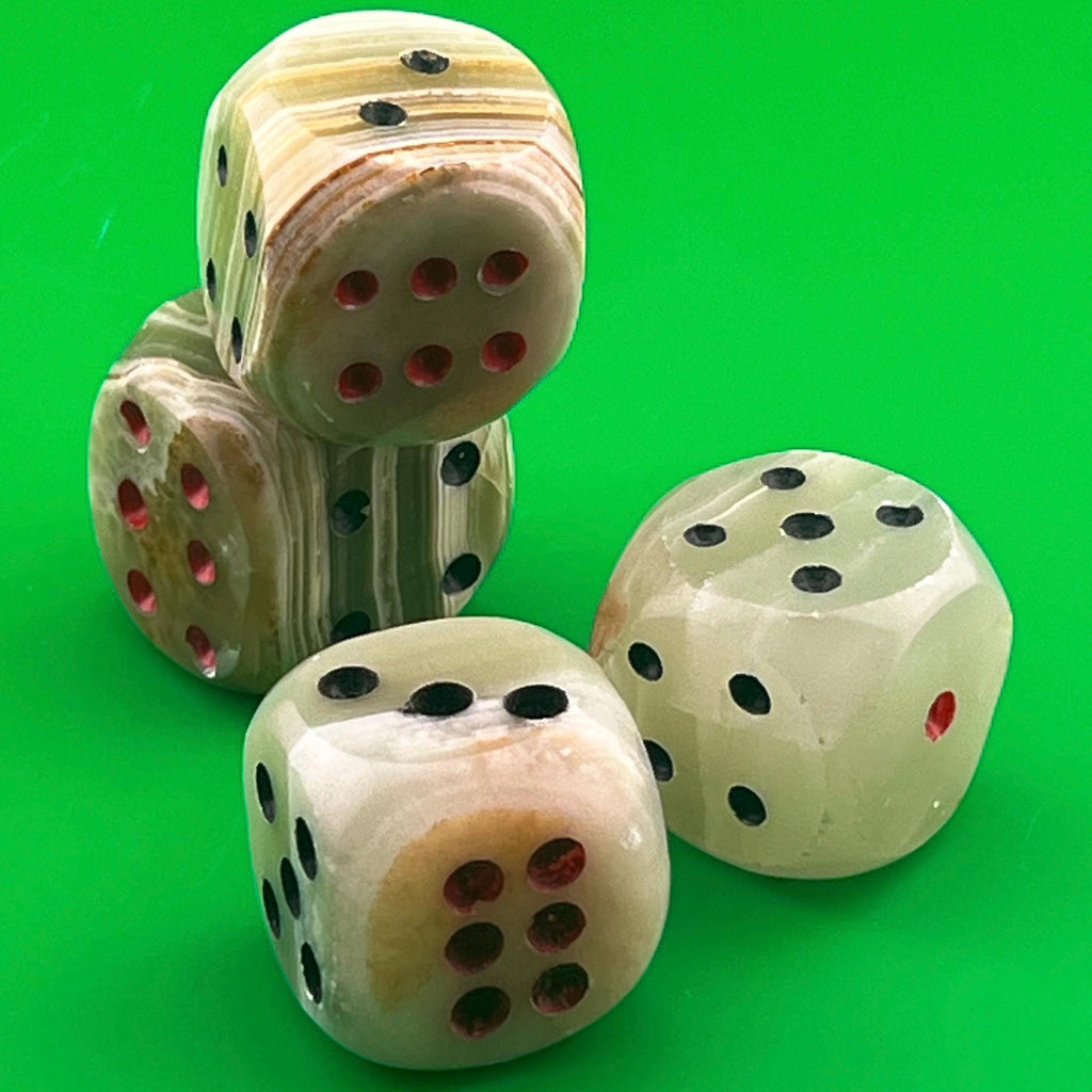 Vintage Banded Onyx Stone Dice Set – Hand Carved 1” Dice – Natural Stone Gaming Dice – Mid Century Game Decor – Set of 4