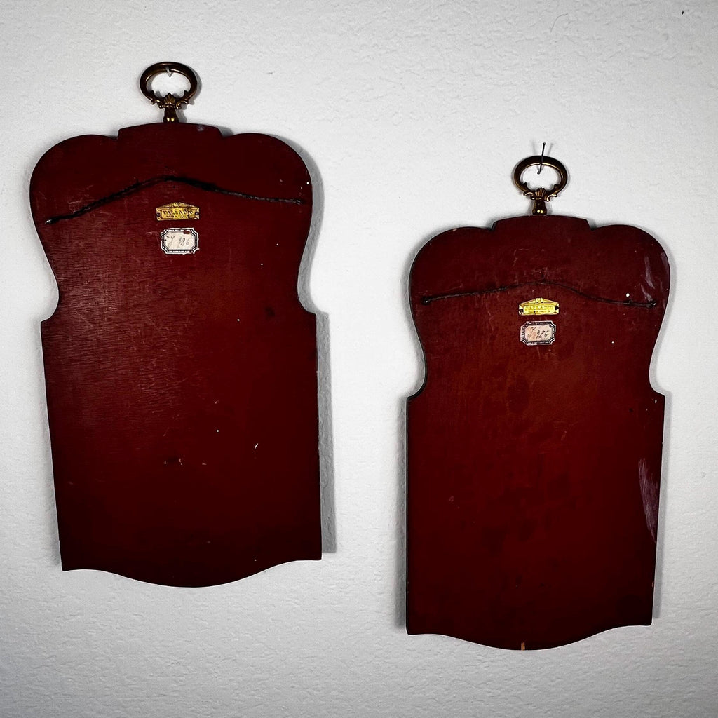 Large Vintage Palladio Florentine Scagliola & Brass Pegasus Wall Plaques Pair Italian Gold Gilt Baroque Mythological Panels 18.5”