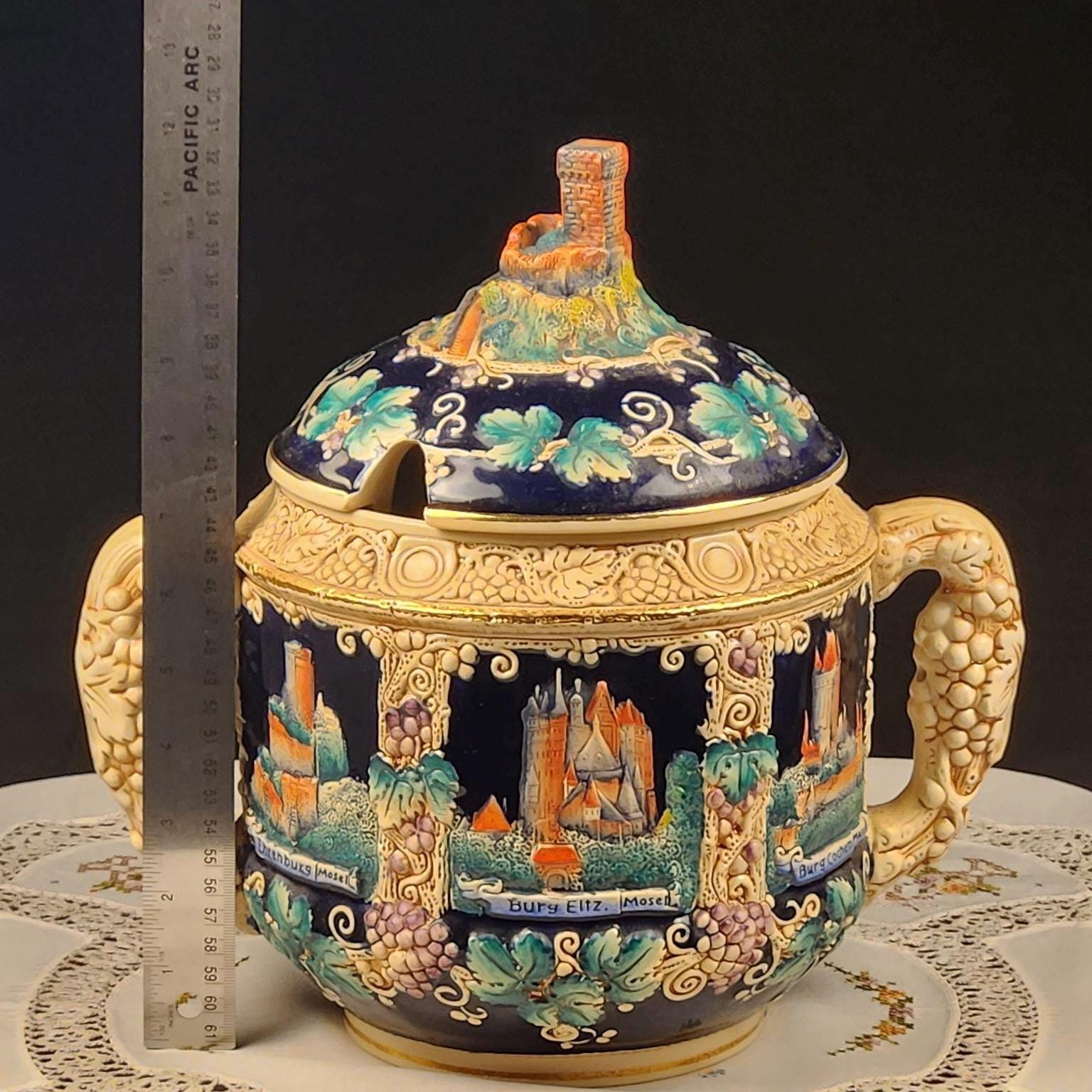 Vintage German Rhein Castle Punch Bowl Set w/ 8 Mugs | Cobalt Blue Relief Stein Set | Burg Eltz & Rhine Castle Scenes | West Germany Barware