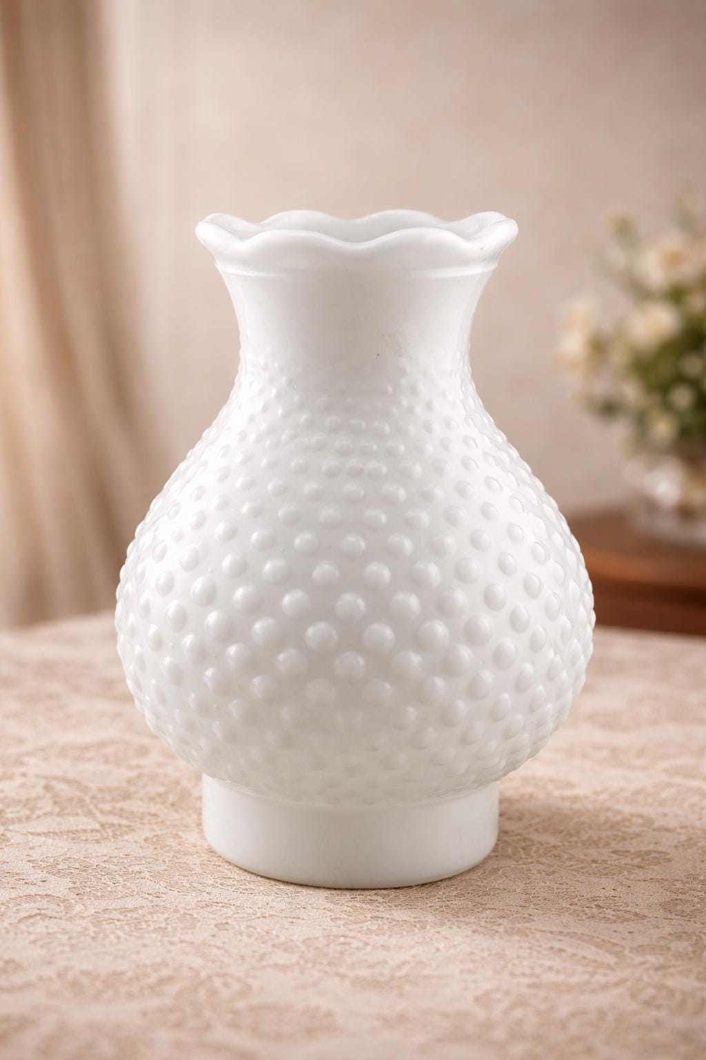 Vintage Milk Glass Hobnail Hurricane Lamp Shade Scalloped Rim Replacement Lamp Globe 7” x 5”