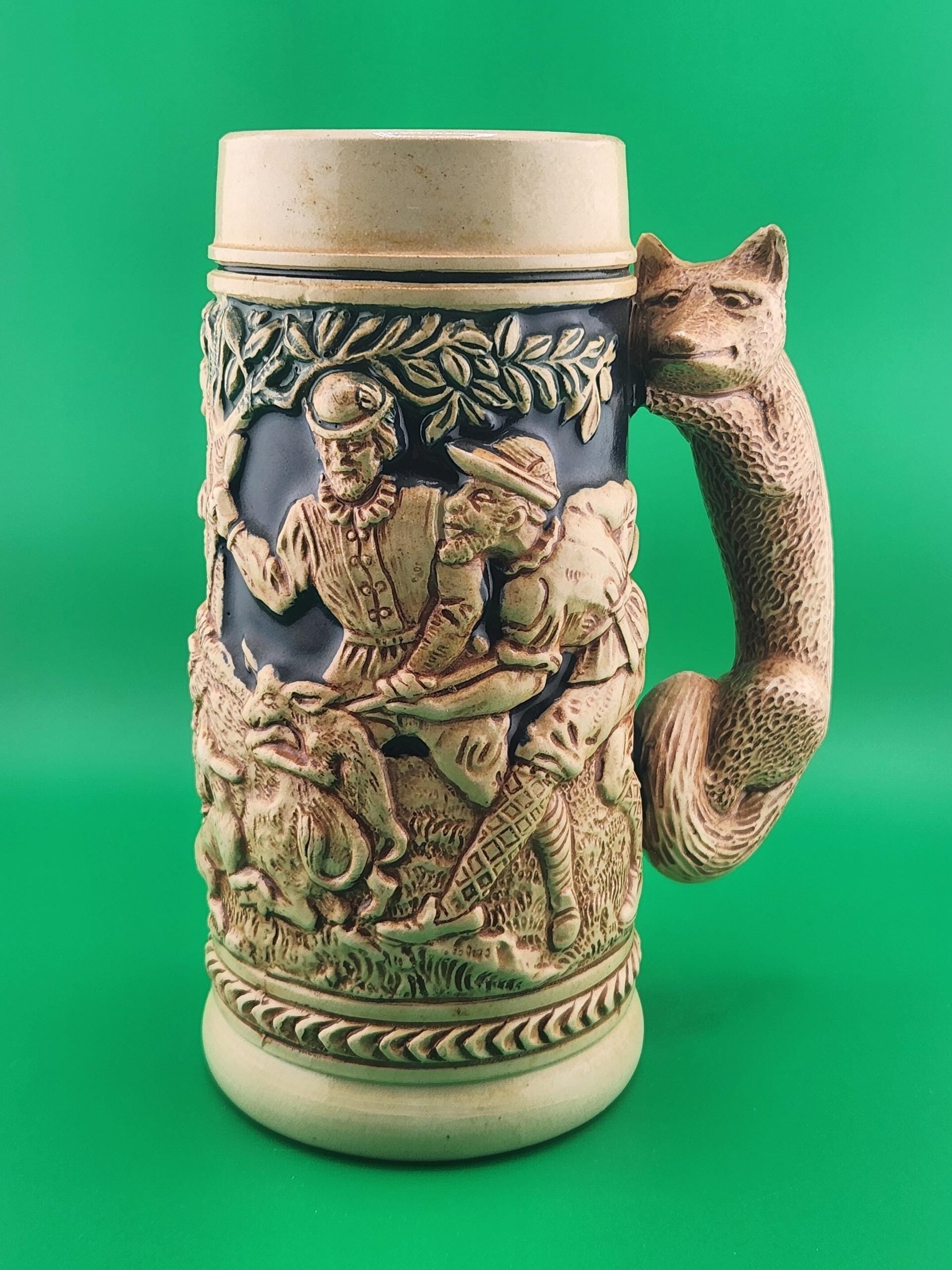 Vintage German Beer Stein With Fox Handle Relief Scene Made in Germany Mid 20th Century