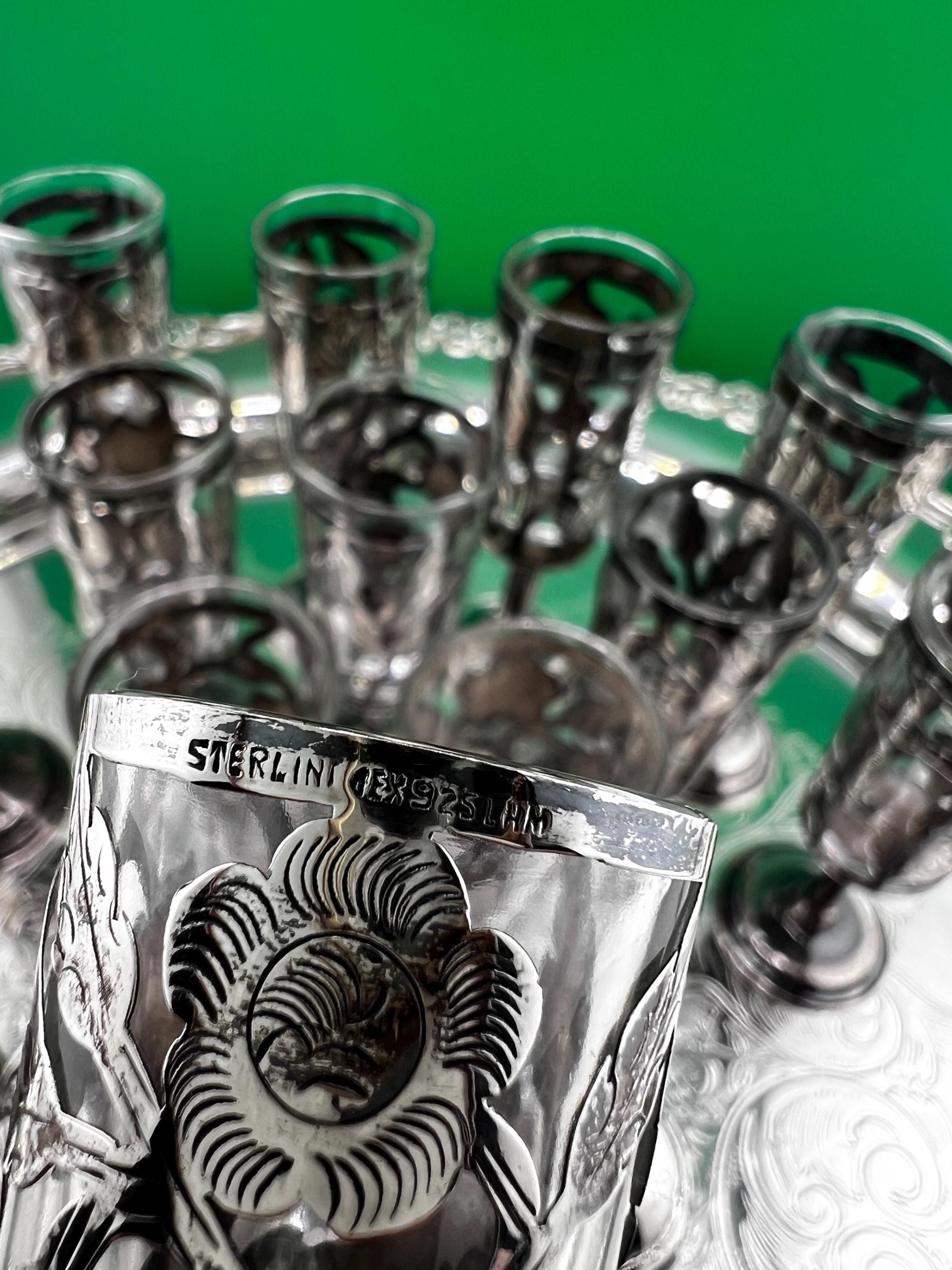 15 Pc Sterling Silver Cordial Glass Set 13 Cordials 925 + Salt Pepper Overlay Floral Cutwork Vintage Mid Century Barware shot glasses