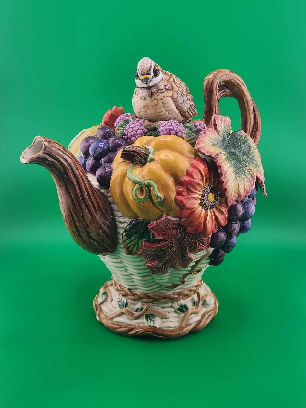 Fitz and Floyd Cornucopia Teapot – Vintage Harvest Fruit Ceramic Bird Lid