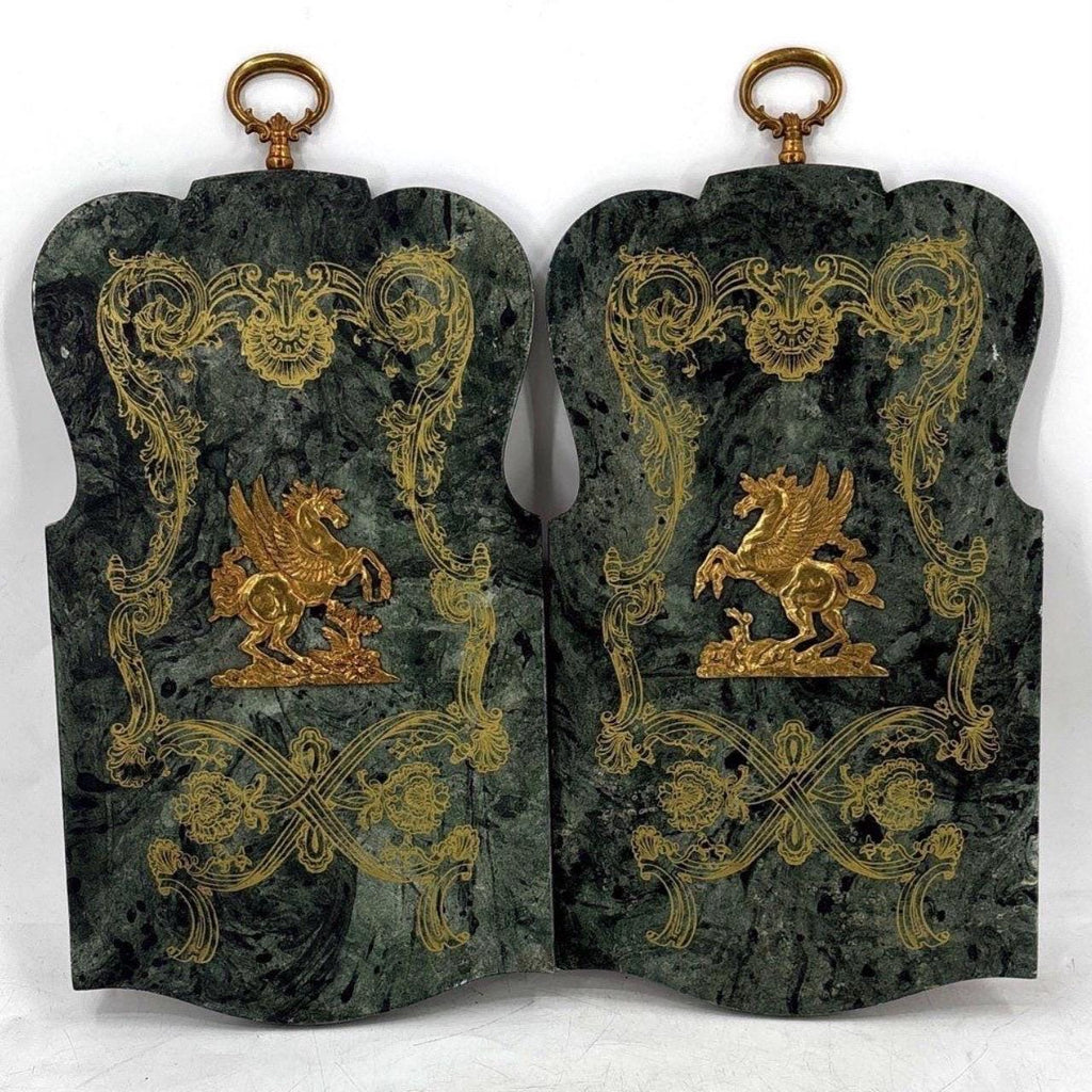 Large Vintage Palladio Florentine Scagliola & Brass Pegasus Wall Plaques Pair Italian Gold Gilt Baroque Mythological Panels 18.5”