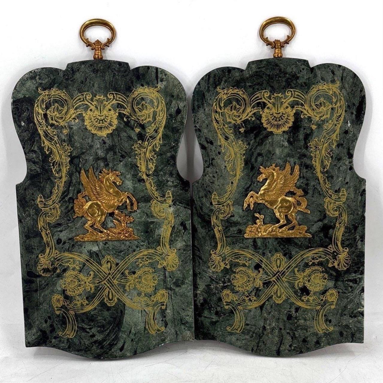 Large Vintage Palladio Florentine Scagliola & Brass Pegasus Wall Plaques Pair Italian Gold Gilt Baroque Mythological Panels 18.5”