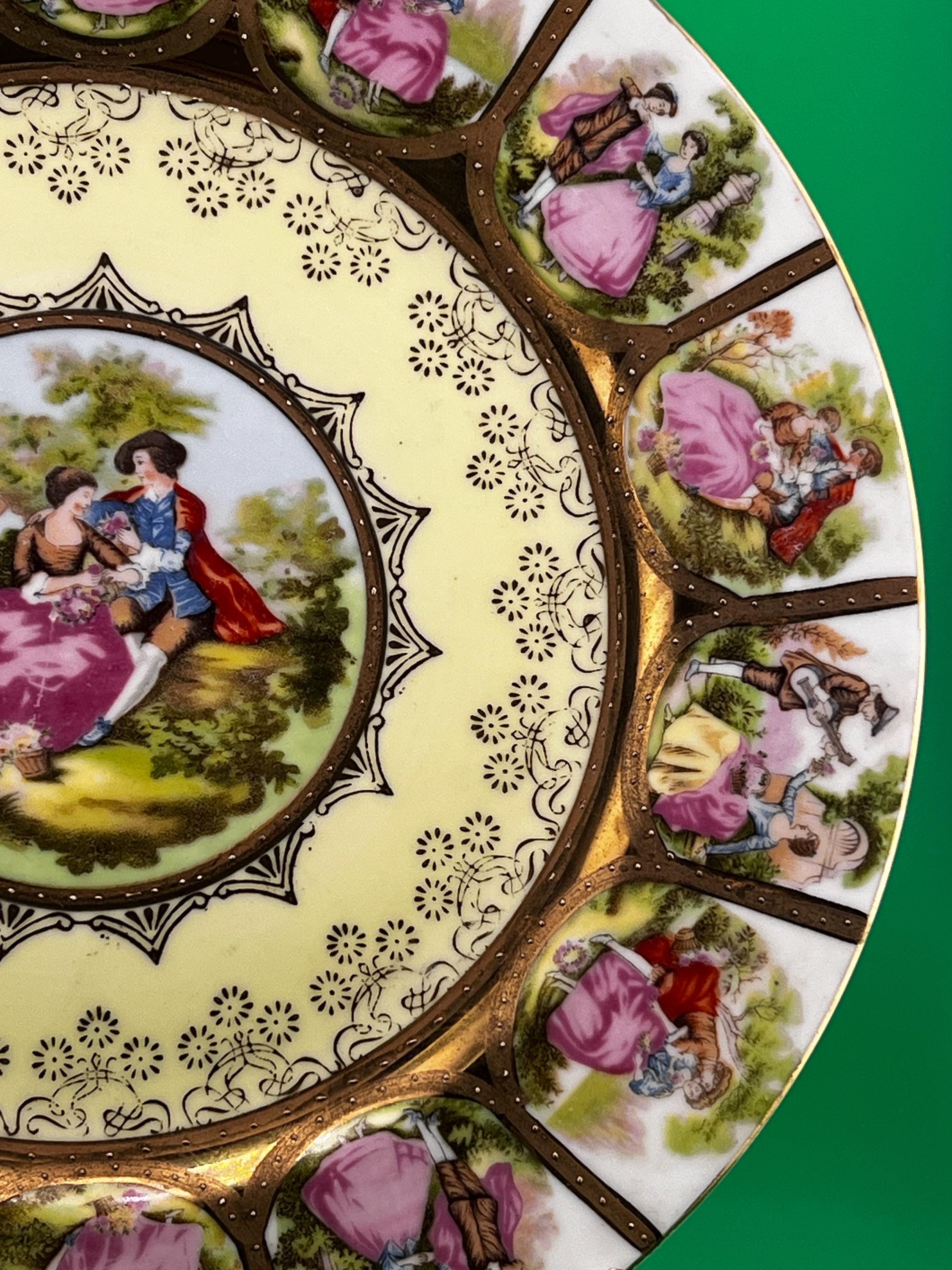 Antique Romantic Courting Scene Porcelain Cabinet Plate 9” Gold Gilt Victorian Style Courting Couples Decorative Plate Vintage European