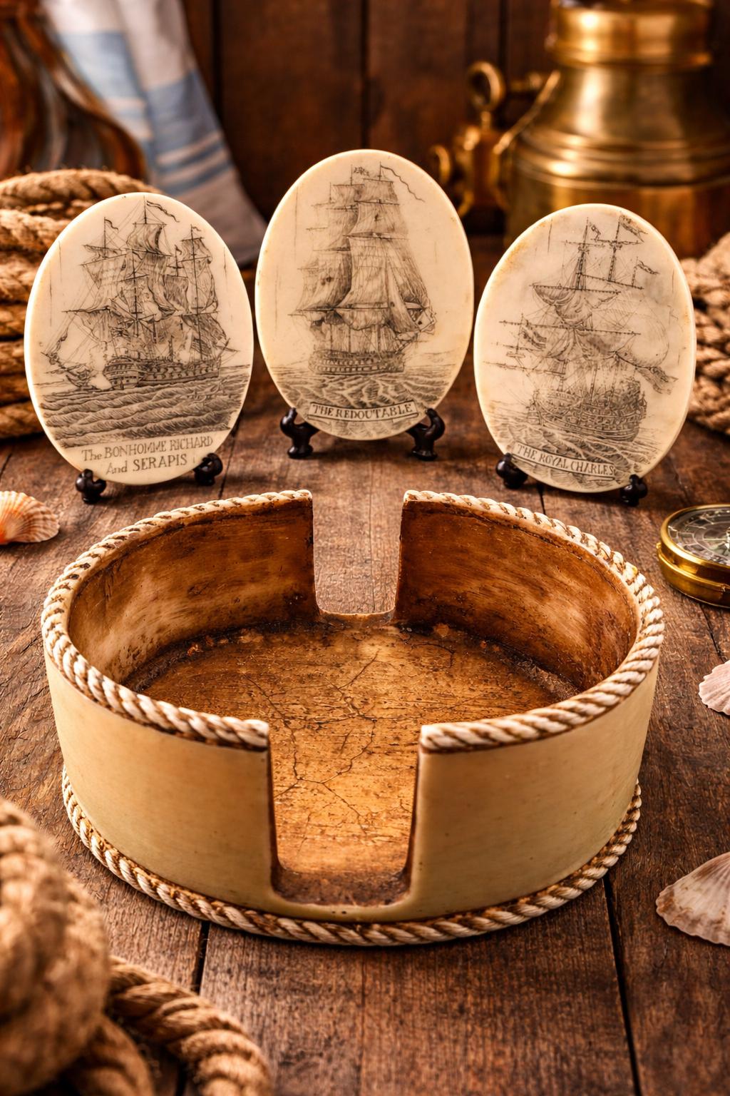 Vintage Nautical Scrimshaw Style Coaster Set | Sailing Ship Coasters with Holder | Maritime Naval Decor | Ship Engraved Drink Coasters