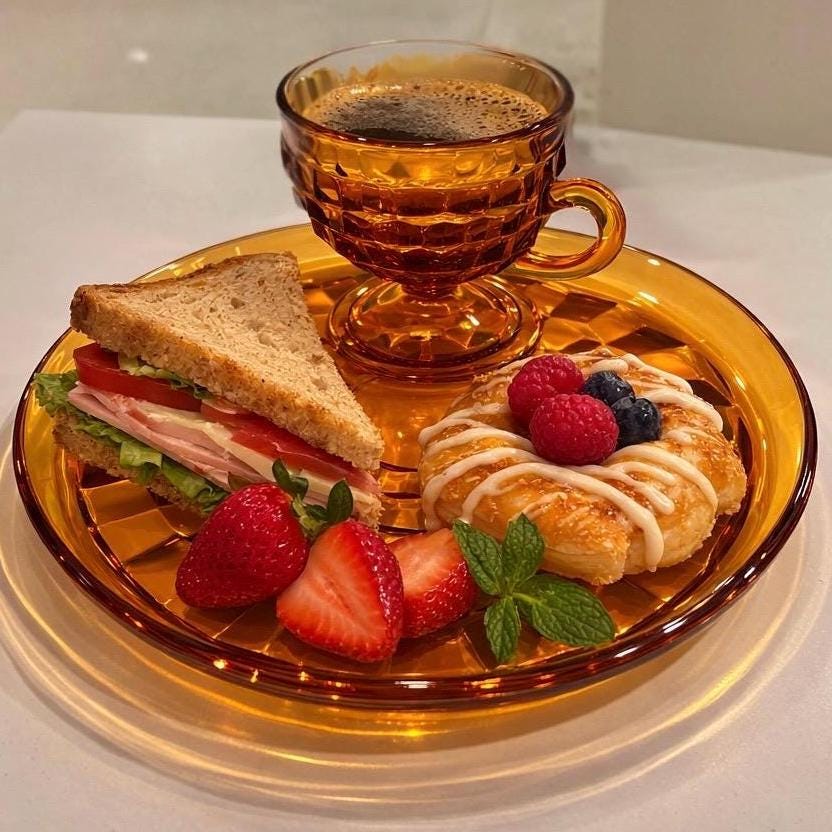 Vintage Indiana Glass Amber Snack Set (4) | Mid Century Honeycomb Pressed Glass Coffee Cups & Luncheon Plates | Retro 1970s Dessert Set