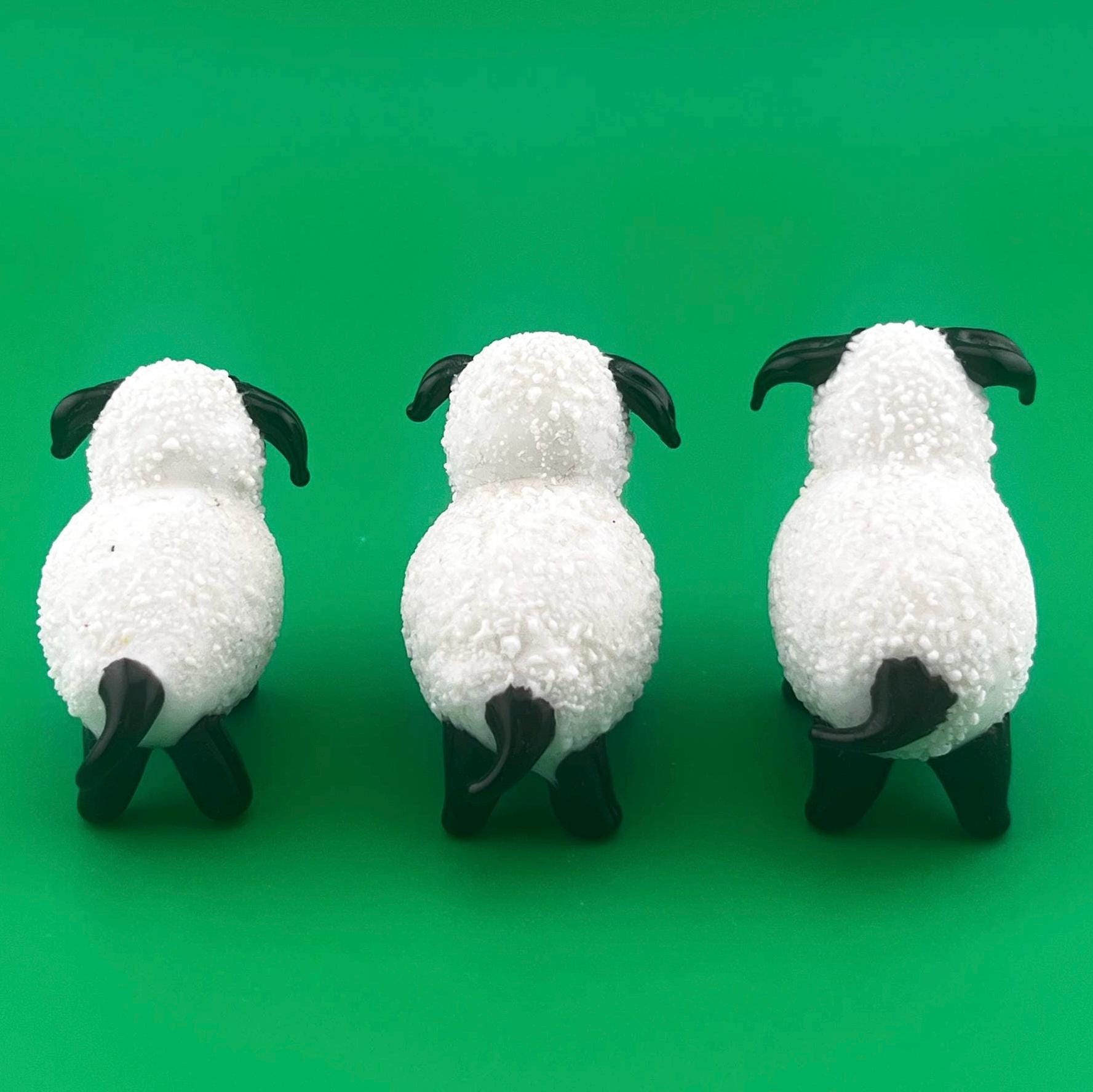 Vintage Hand Blown Glass Sheep Figurines Set of 3 | Black & White Art Glass Lambs | Farmhouse Cottage Decor