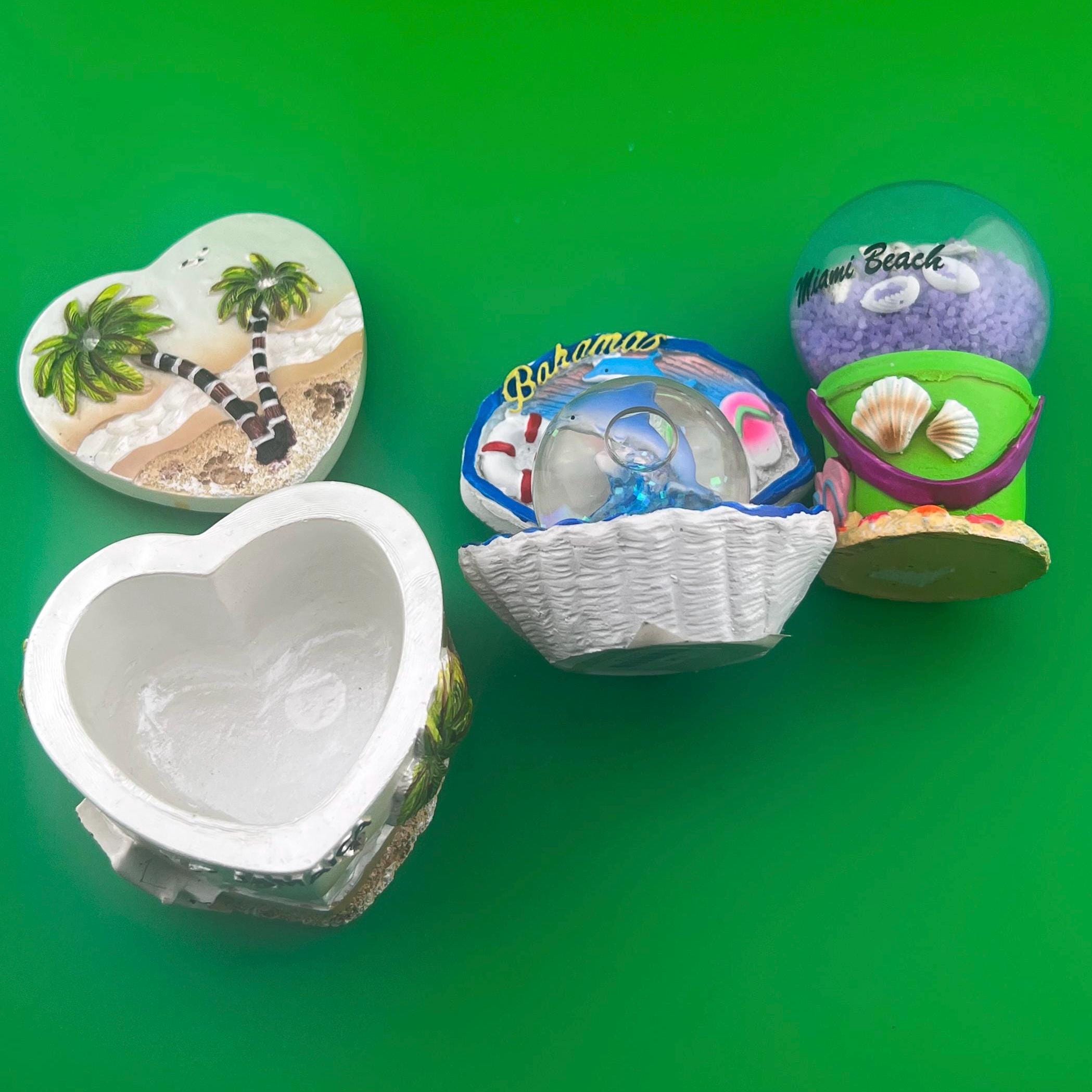 Vintage Beach Souvenir Lot | Bahamas & Jamaica Snow Globes | Miami Beach Bucket Globe | Decorative Sea Shell Coastal Decor