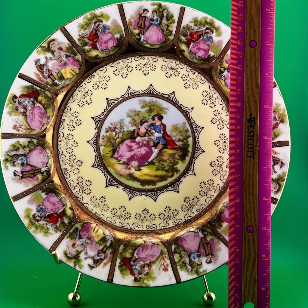 Antique Romantic Courting Scene Porcelain Cabinet Plate 9” Gold Gilt Victorian Style Courting Couples Decorative Plate Vintage European