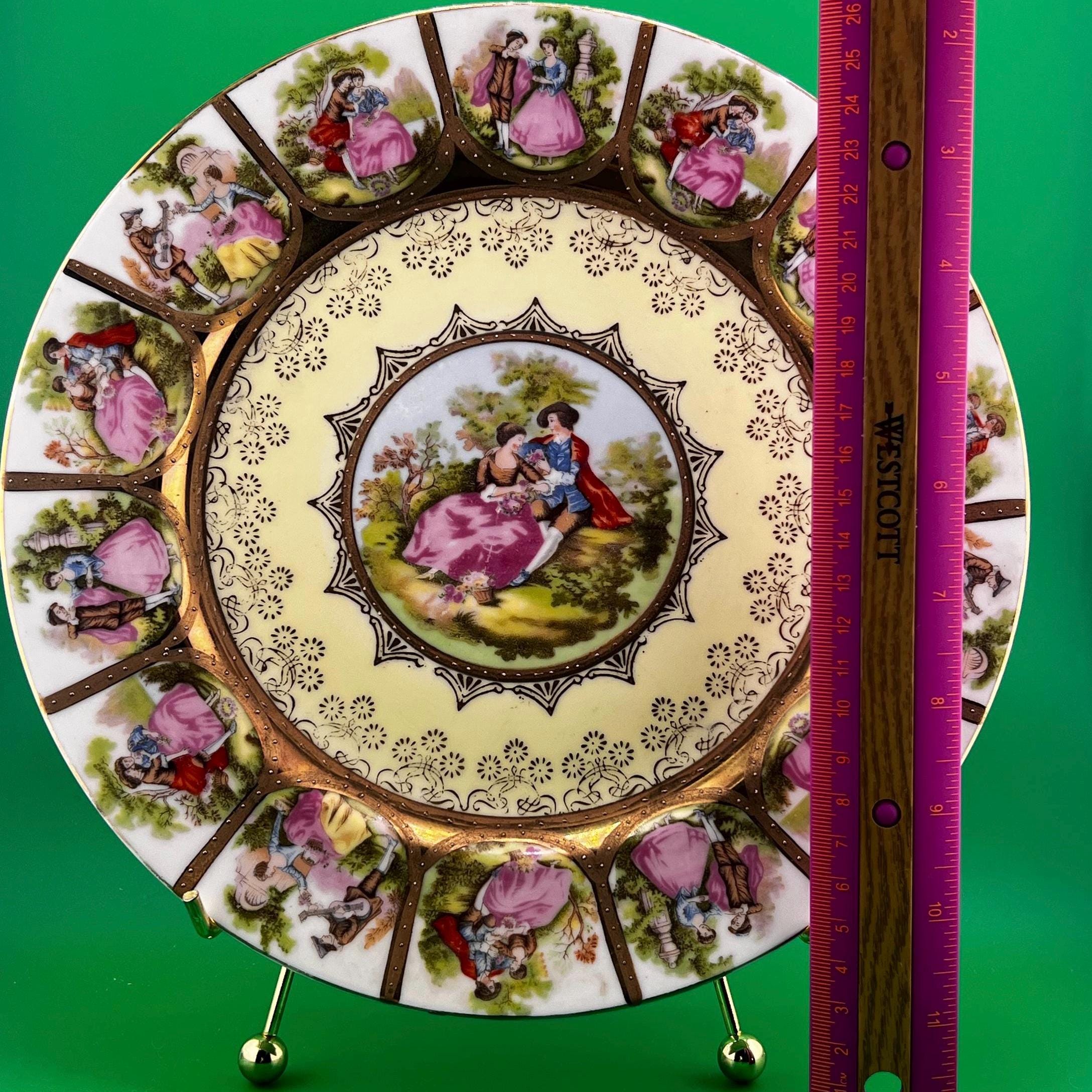 Antique Romantic Courting Scene Porcelain Cabinet Plate 9” Gold Gilt Victorian Style Courting Couples Decorative Plate Vintage European