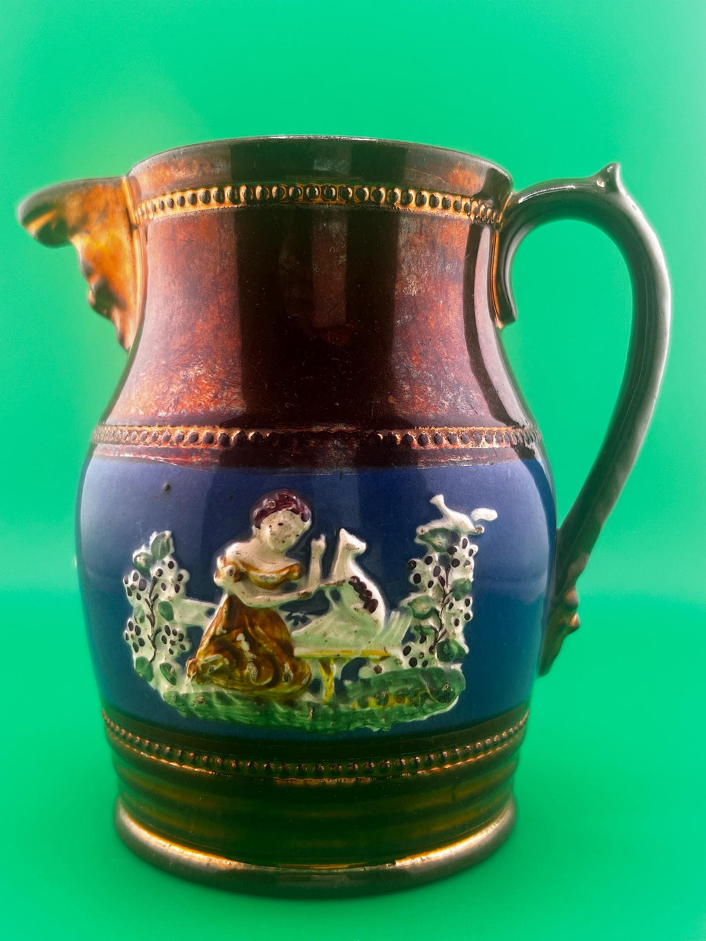 Antique Victorian Copper Luster Jug Pitcher | Staffordshire Relief Figural Creamer | Cobalt Blue Band | 19th Century English Lustreware