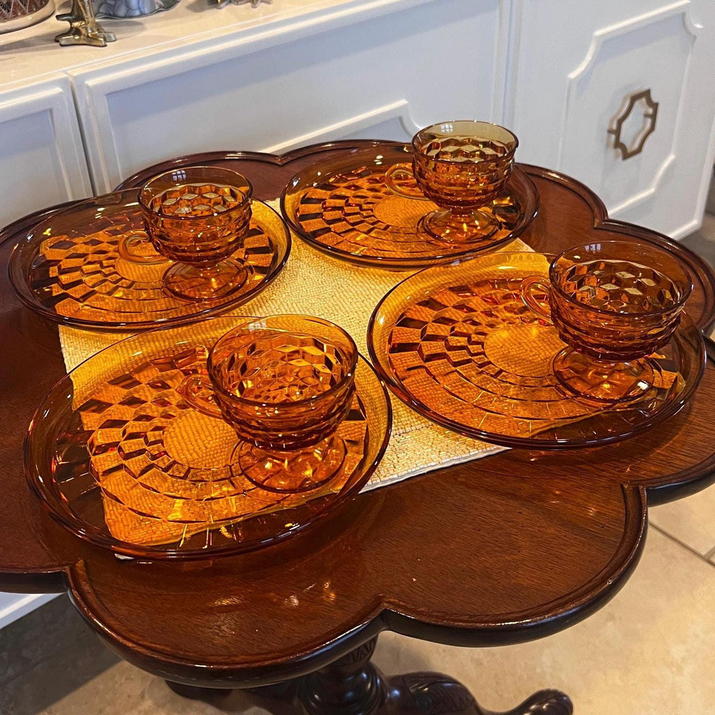 Vintage Indiana Glass Amber Snack Set (4) | Mid Century Honeycomb Pressed Glass Coffee Cups & Luncheon Plates | Retro 1970s Dessert Set