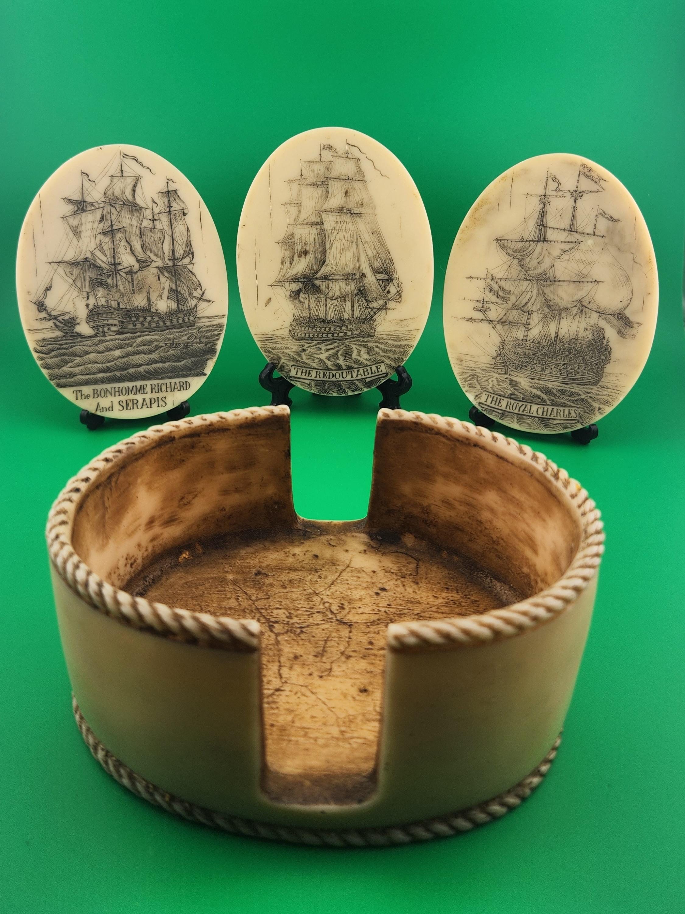 Vintage Nautical Scrimshaw Style Coaster Set | Sailing Ship Coasters with Holder | Maritime Naval Decor | Ship Engraved Drink Coasters