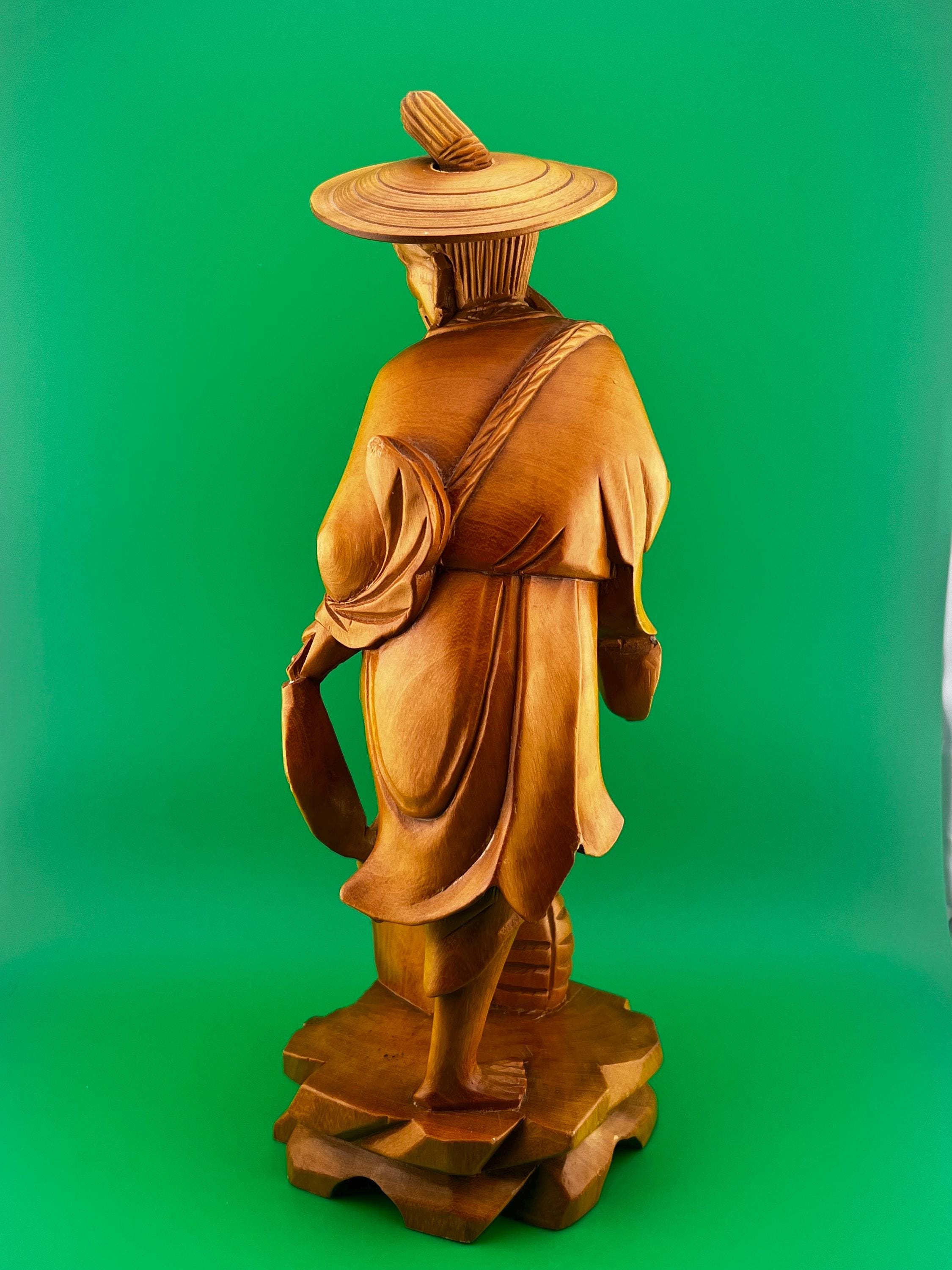 Vintage Hand Carved Asian Fisherman Wood Statue Sculpture 13” Tall Folk Art Oriental Figurine Rustic Decor