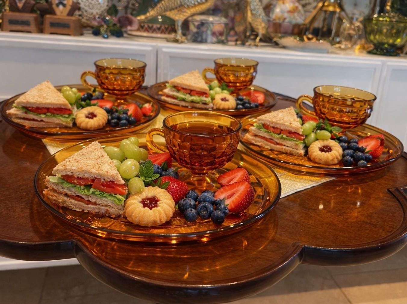 Vintage Indiana Glass Amber Snack Set (4) | Mid Century Honeycomb Pressed Glass Coffee Cups & Luncheon Plates | Retro 1970s Dessert Set