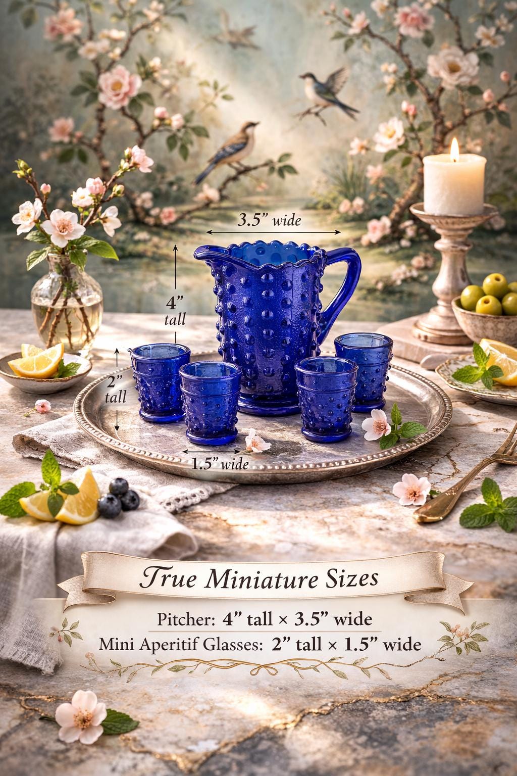 Vintage Cobalt Blue Hobnail Glass Pitcher with Four Aperitif Glasses