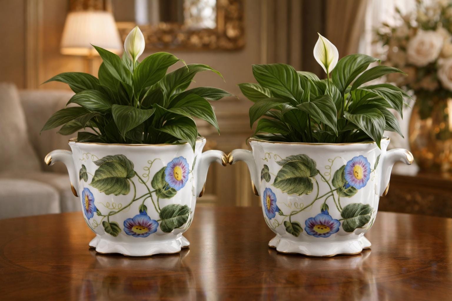 Vintage Hand-Painted Porcelain Cachepot Planters – Morning Glory Floral Motif, Gold Handles