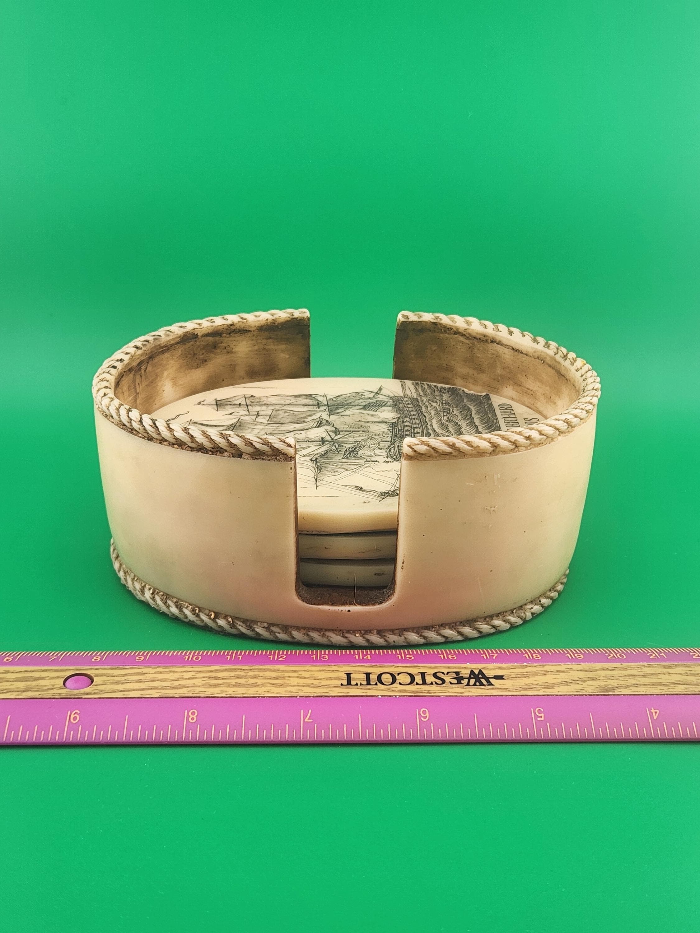 Vintage Nautical Scrimshaw Style Coaster Set | Sailing Ship Coasters with Holder | Maritime Naval Decor | Ship Engraved Drink Coasters