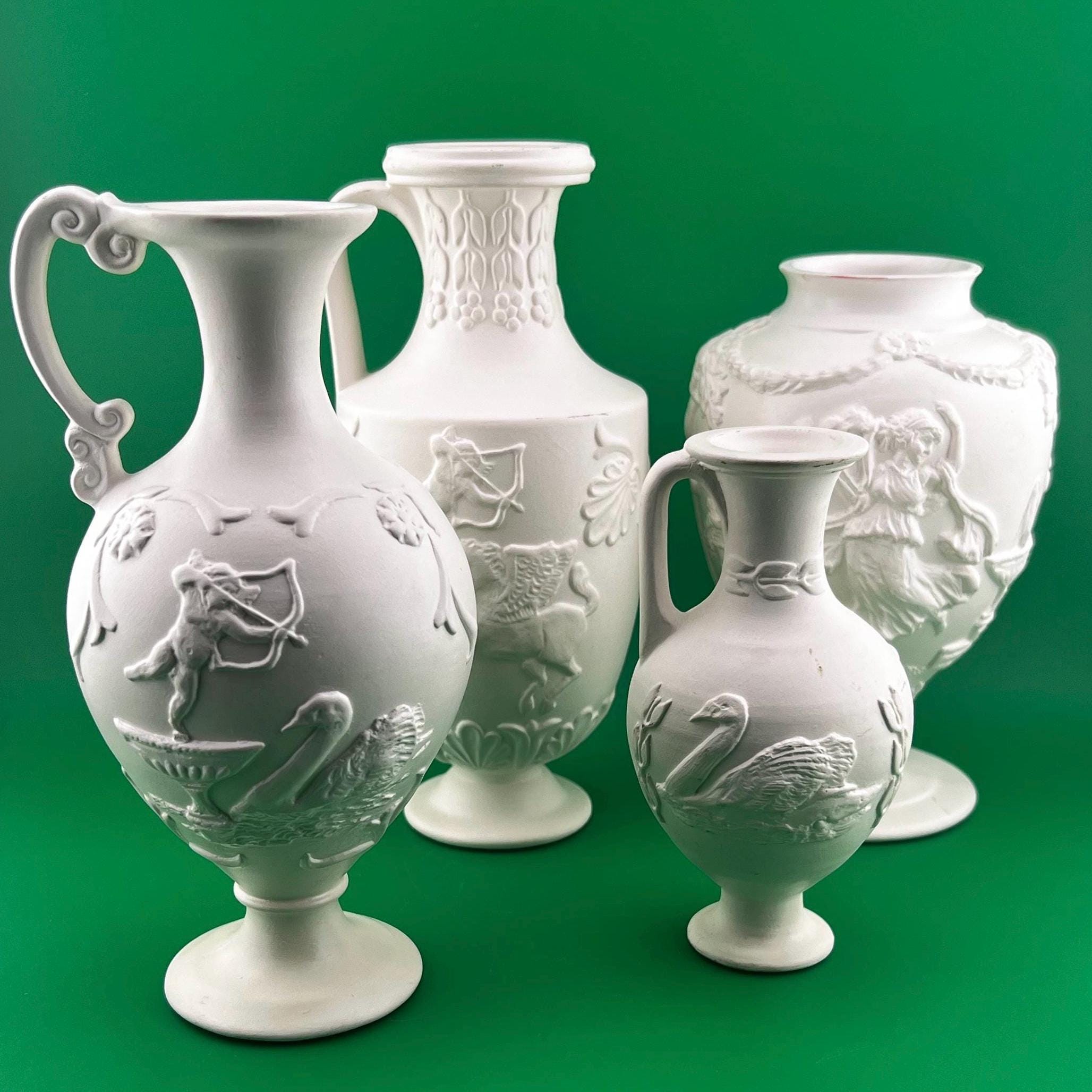 Vintage Bisque Porcelain Neoclassical Vase Cupid Pegasus Relief Matte White Greek Mythology Decor