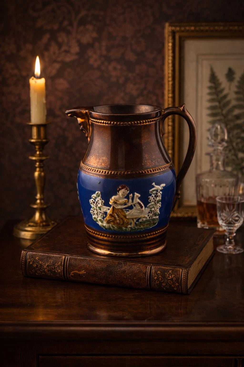 Antique Victorian Copper Luster Jug Pitcher | Staffordshire Relief Figural Creamer | Cobalt Blue Band | 19th Century English Lustreware