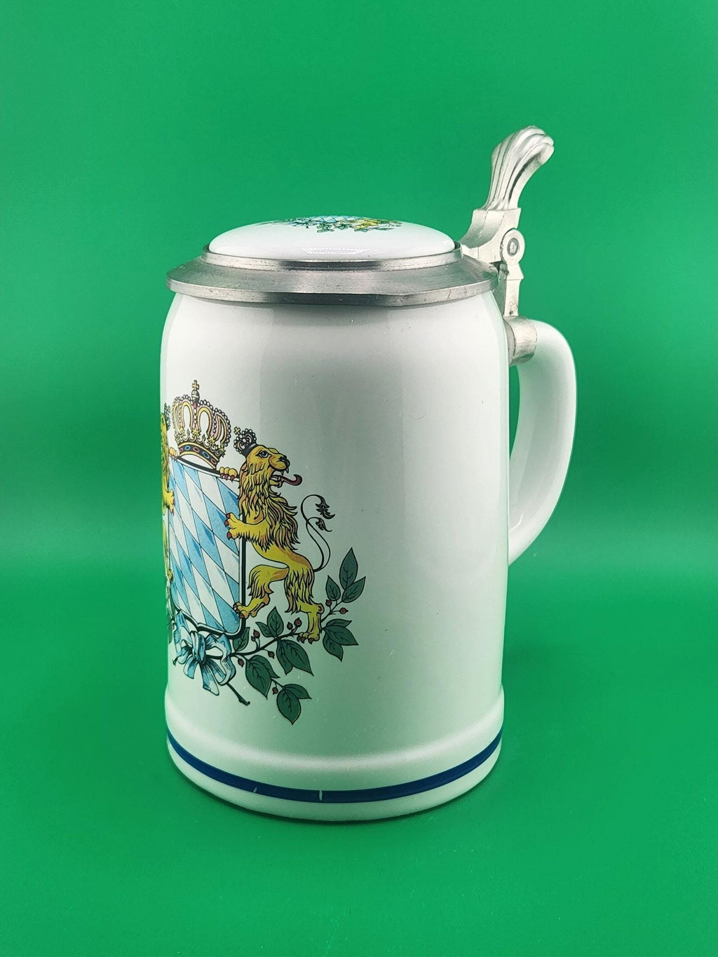 Vintage German Beer Stein: Bavarian Coat of Arms, Pewter Lid, West Germany 1960s