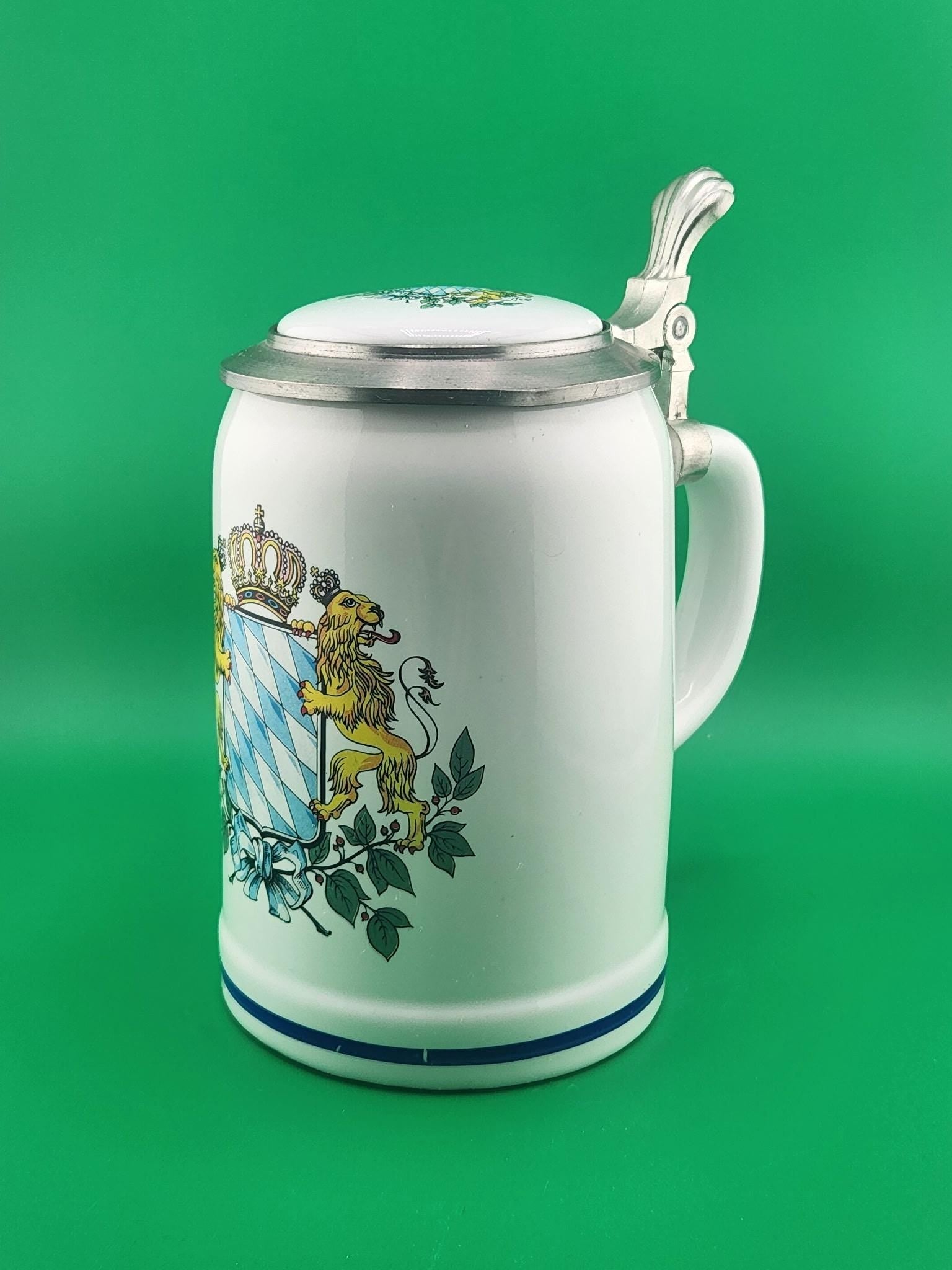 Vintage German Beer Stein: Bavarian Coat of Arms, Pewter Lid, West Germany 1960s