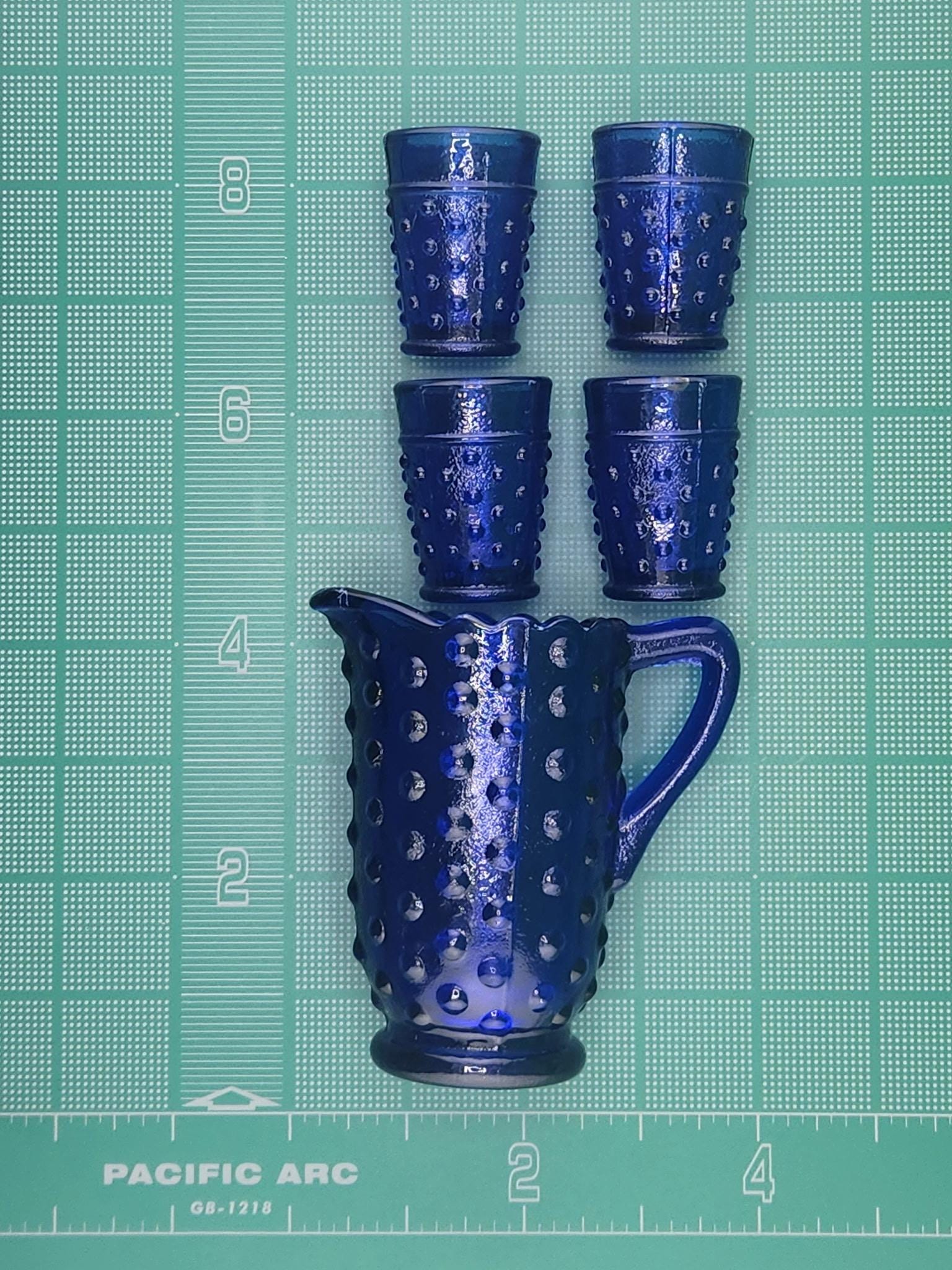 Vintage Cobalt Blue Hobnail Glass Pitcher with Four Aperitif Glasses