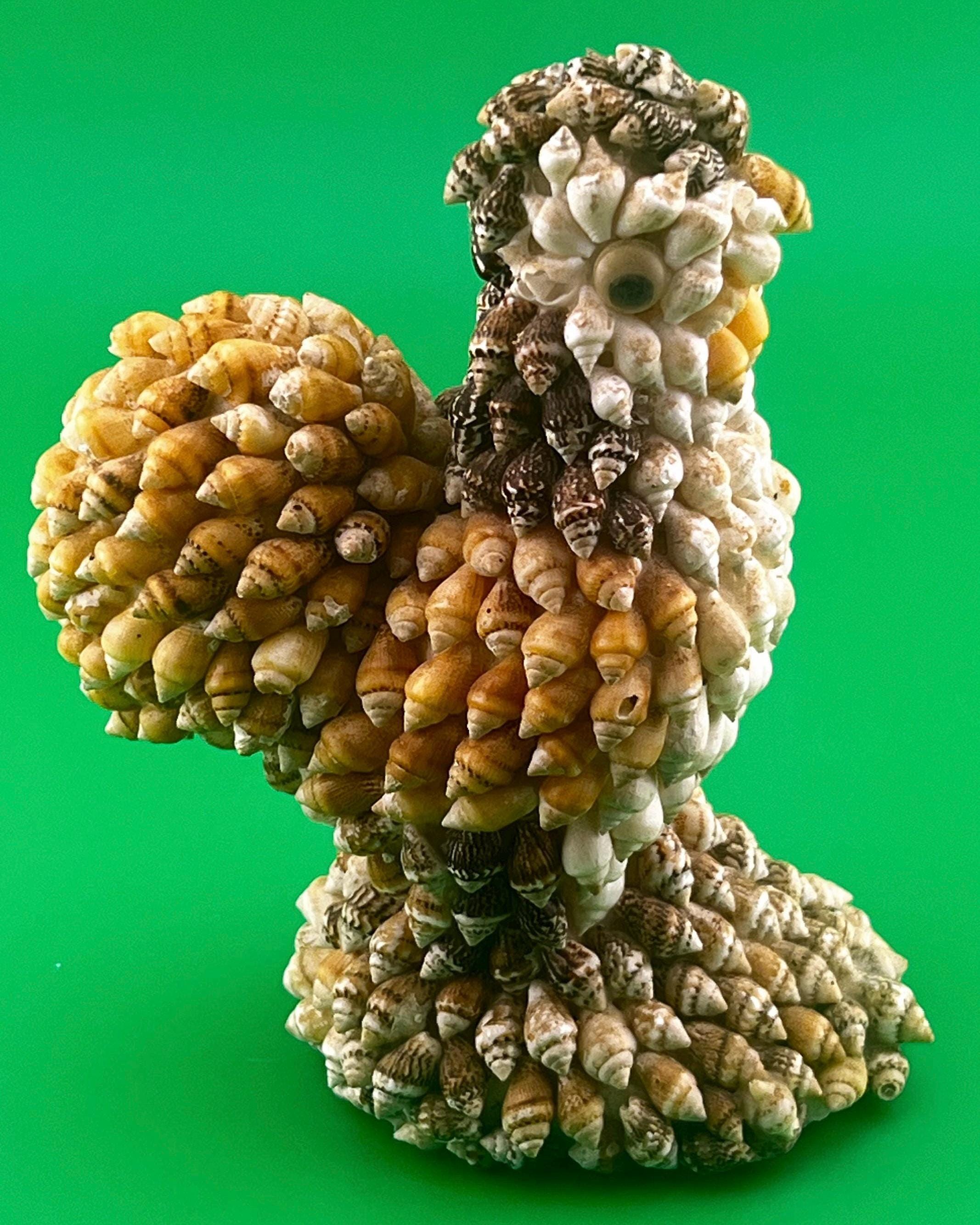 Vintage Seashell Rooster Sculpture | Handcrafted Shell Art Chicken Figurine | Coastal Folk Art Decor | Delightfully Trypophobia-Inducing