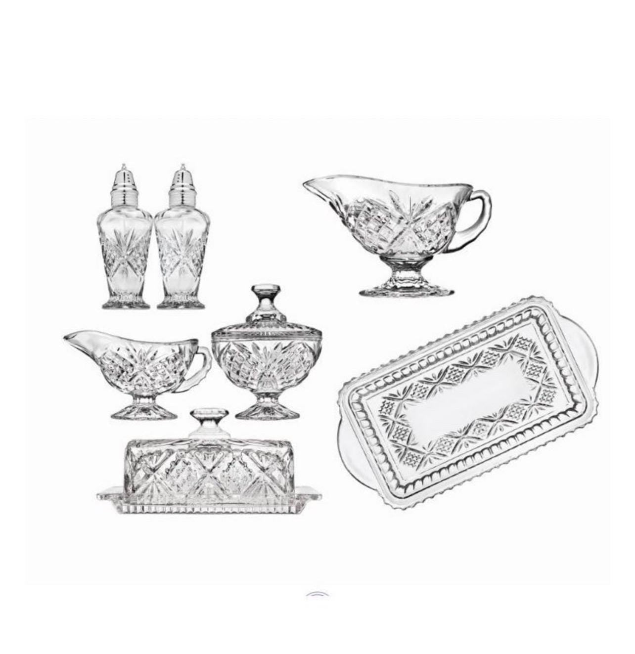 Complete vintage Shannon Crystal Designs of Ireland set with original worn box — rare to find all pieces together. Perfect for collectors